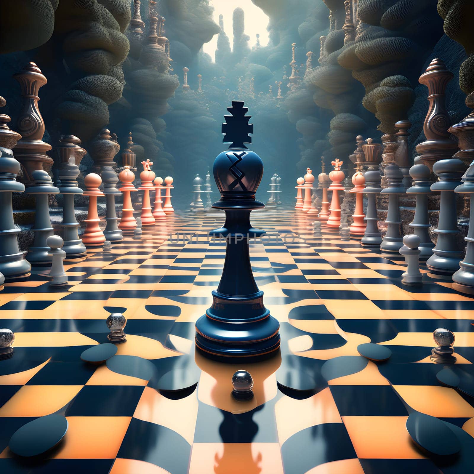 artificial intelligence generated image of a figurative art chess maze surrealism psychedelic in comical style.