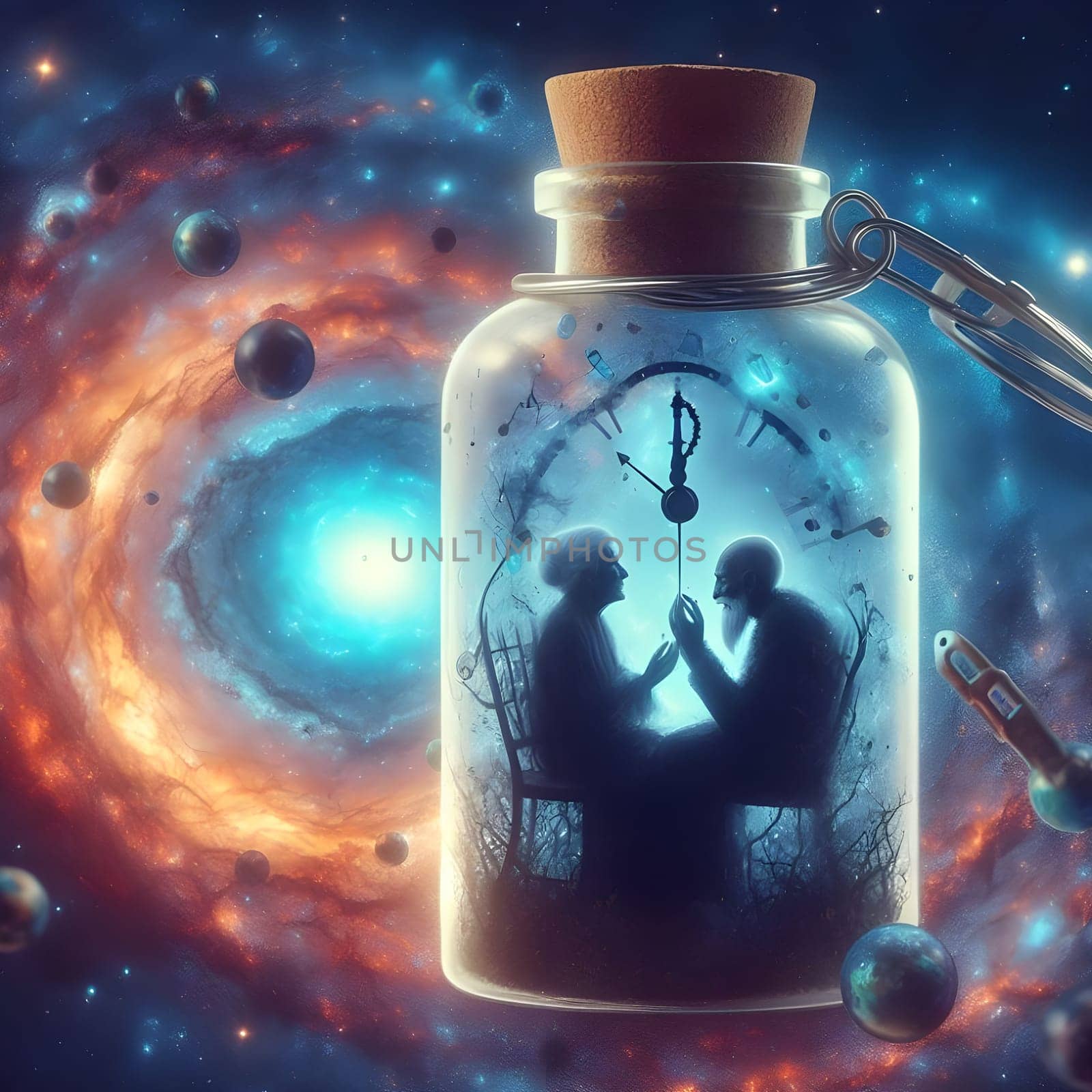 artificial intelligence generated image of the karla gerard time clock is represented in a bottle surrounded by colorful universal cosmic atmosphere art.