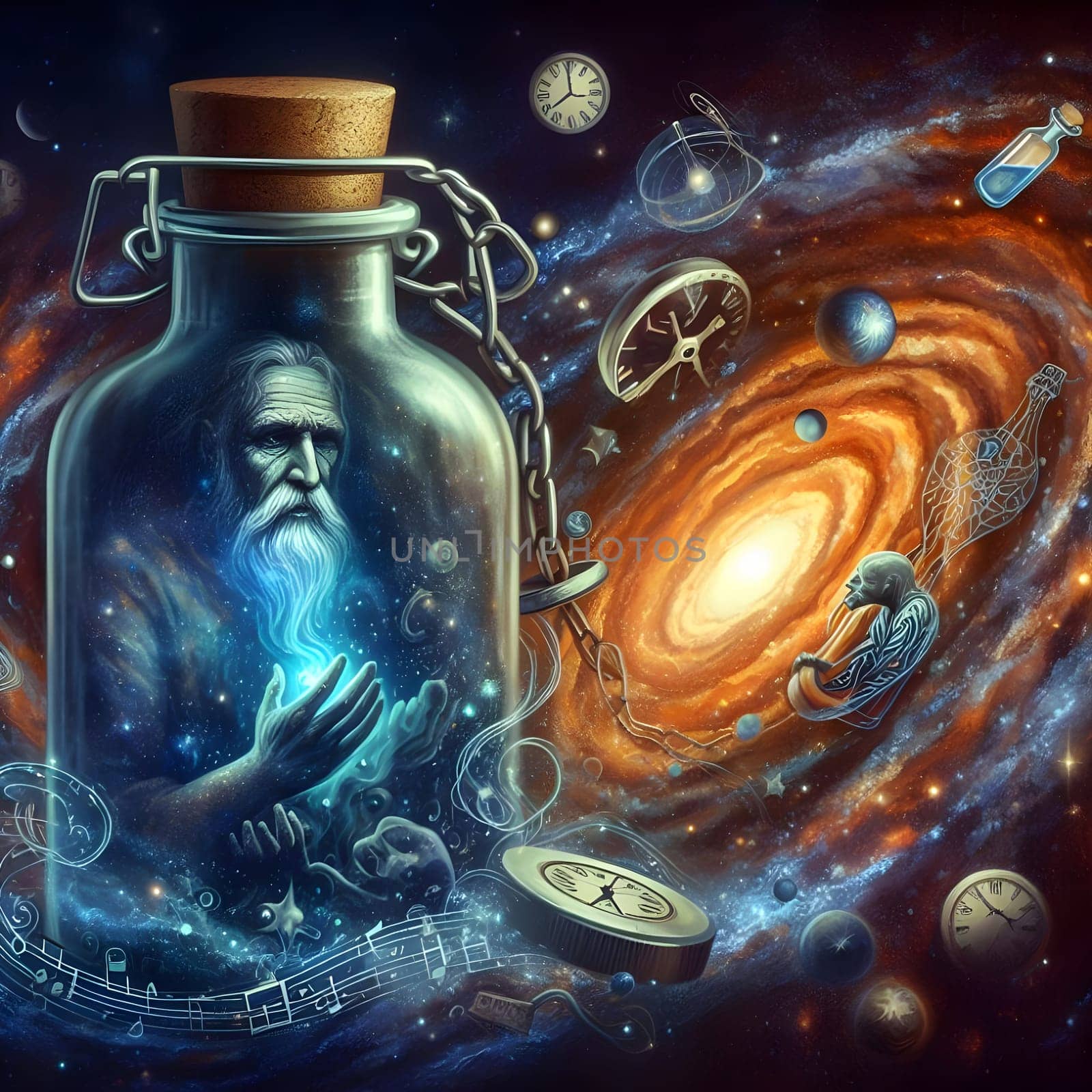 artificial intelligence generated image of the karla gerard time clock is represented in a bottle surrounded by colorful universal cosmic atmosphere art.