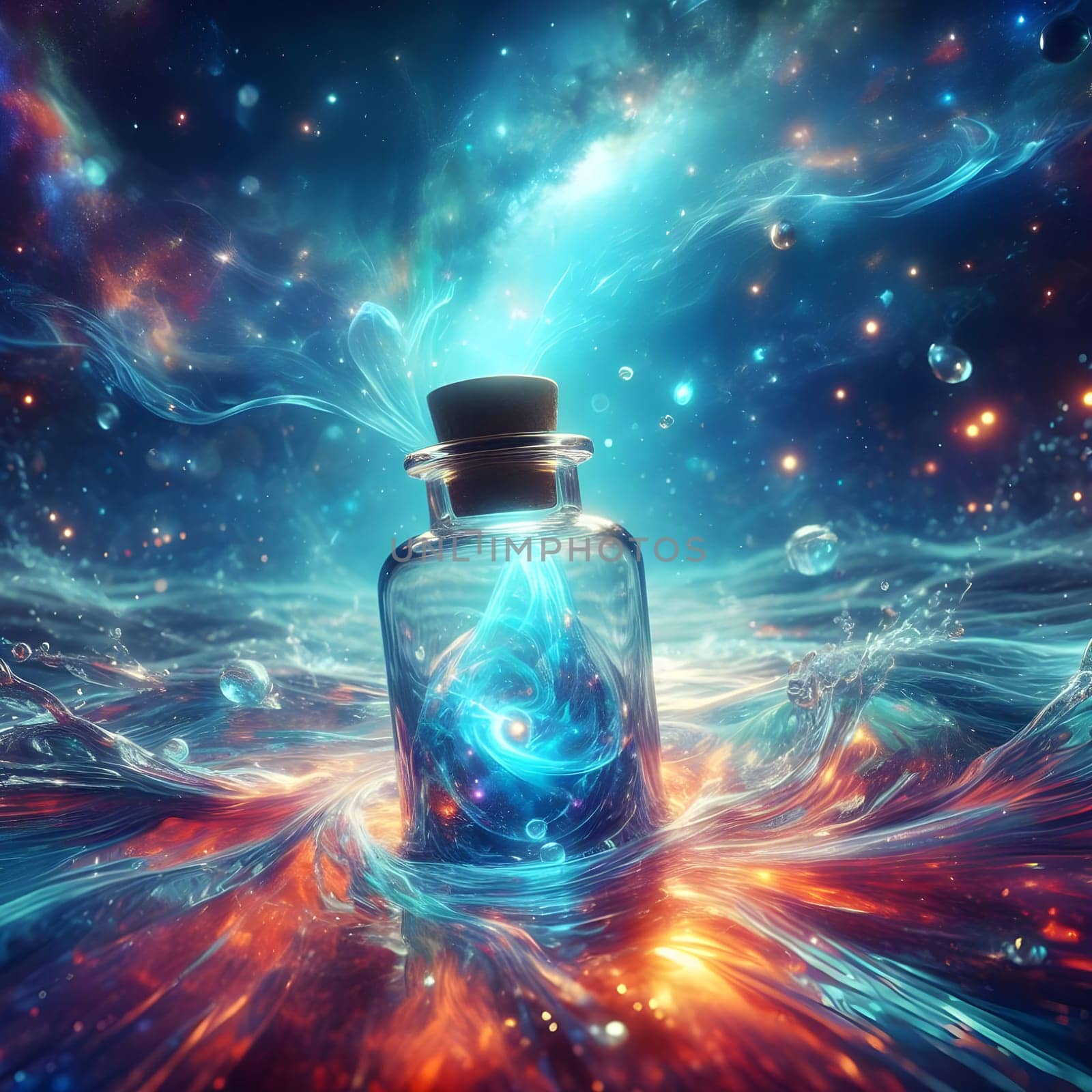 artificial intelligence generated image of the karla gerard time clock is represented in a bottle surrounded by colorful universal cosmic atmosphere art.