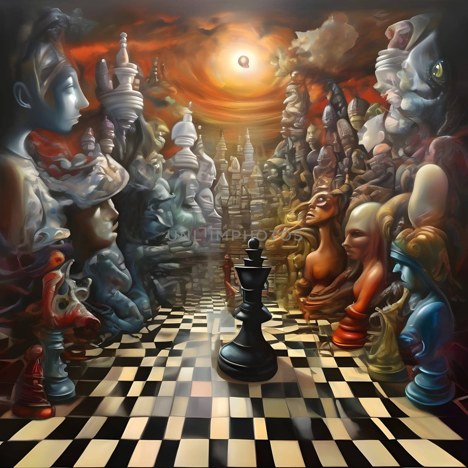 artificial intelligence generated image of a figurative art chess maze surrealism psychedelic in comical style.