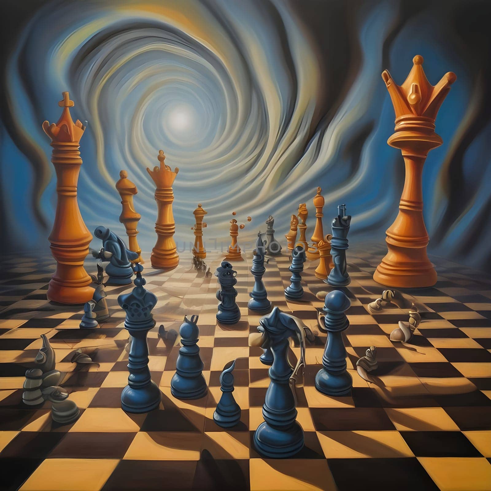 artificial intelligence generated image of a figurative art chess maze surrealism psychedelic in comical style.