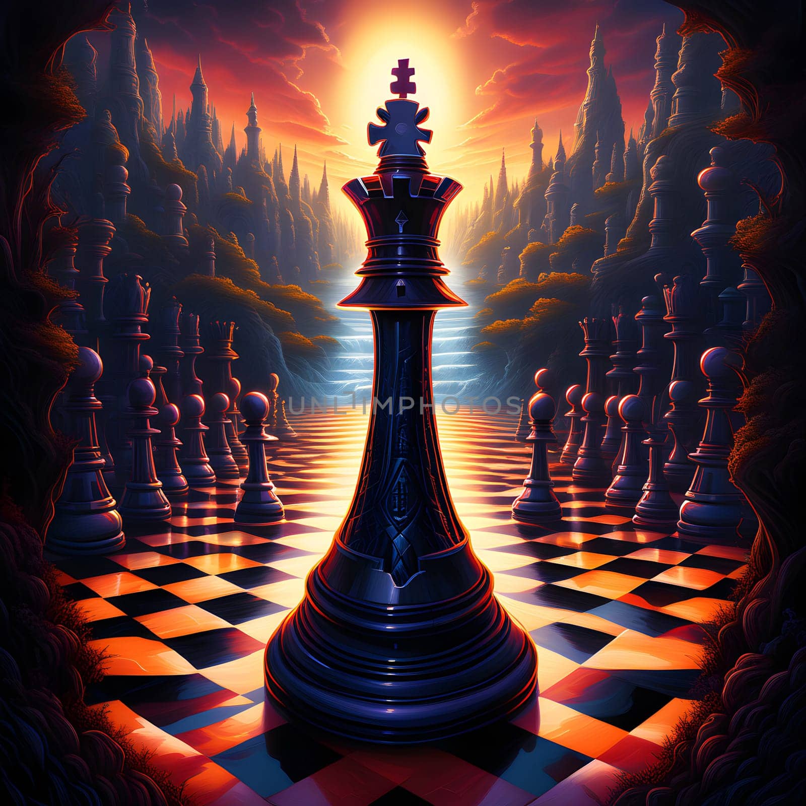 artificial intelligence generated image of a figurative art chess maze surrealism psychedelic in comical style.
