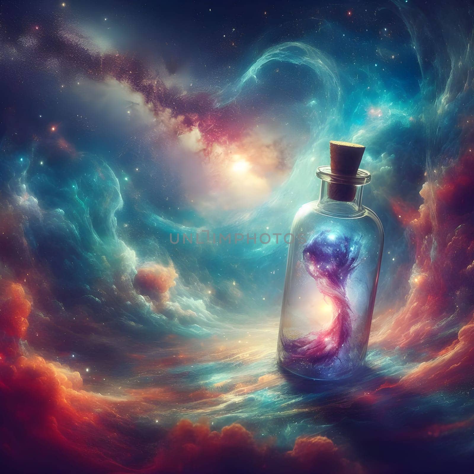 artificial intelligence generated image of the karla gerard time clock is represented in a bottle surrounded by colorful universal cosmic atmosphere art.