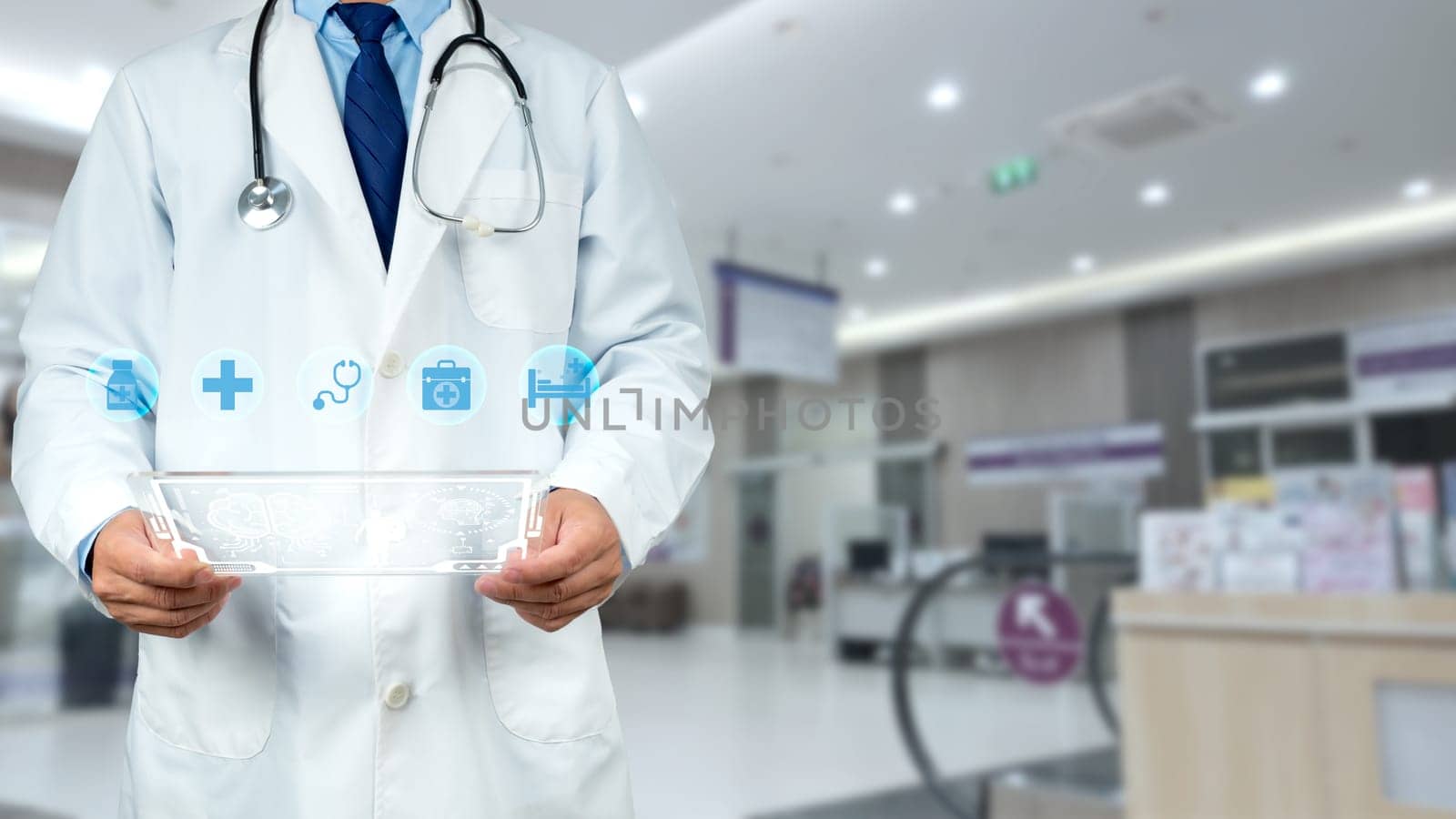 Medical technology concept, Doctor using finger touching screen for medical diagnostic analysis on modern virtual screen network connection, Body human anatomy on technological futuristic.