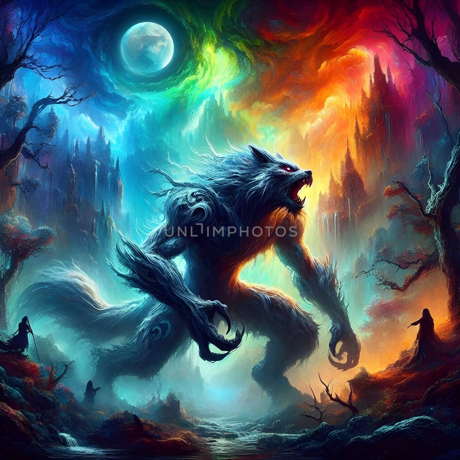 artificial intelligence generated image of a huge fierce werewolf is shown and running wild in the dark forest.