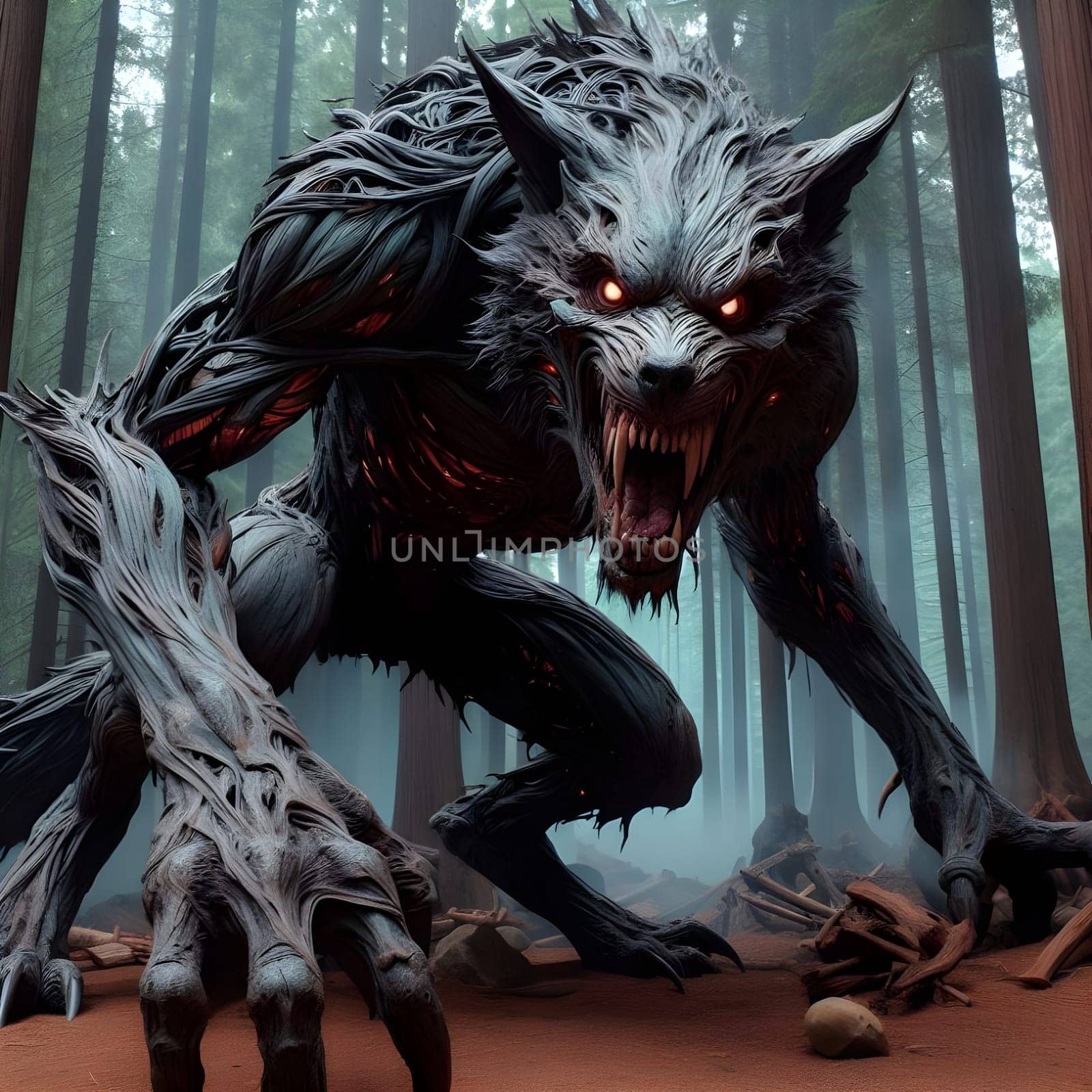 artificial intelligence generated image of a huge fierce werewolf is shown and running wild in the dark forest.