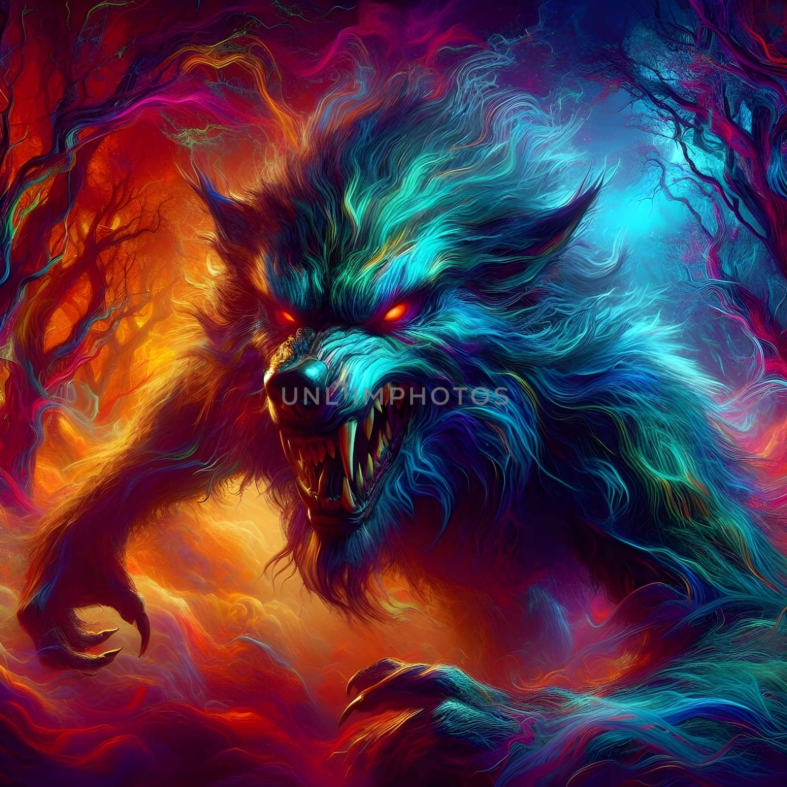 artificial intelligence generated image of a huge fierce werewolf is shown and running wild in the dark forest.