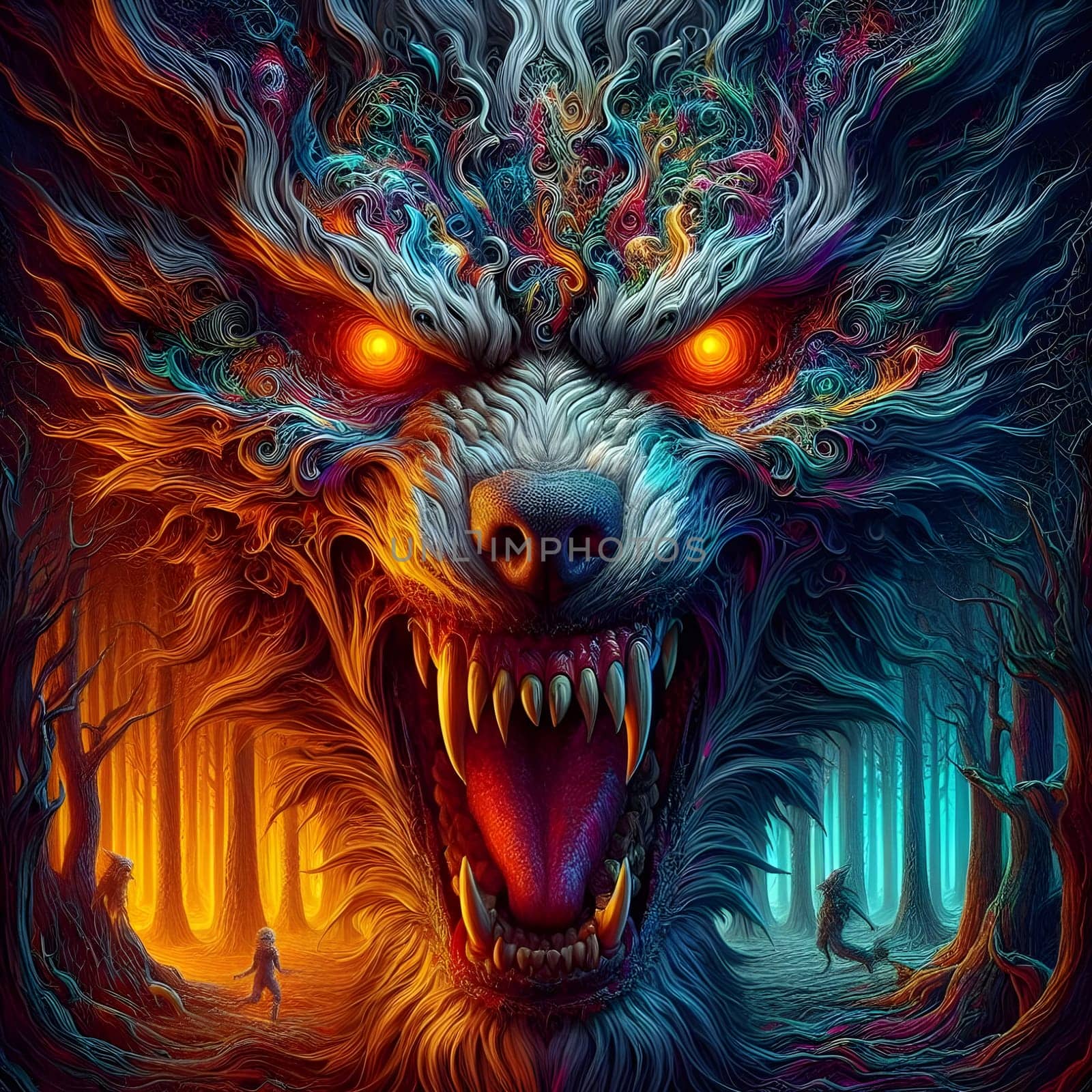 artificial intelligence generated image of a huge fierce werewolf is shown and running wild in the dark forest.