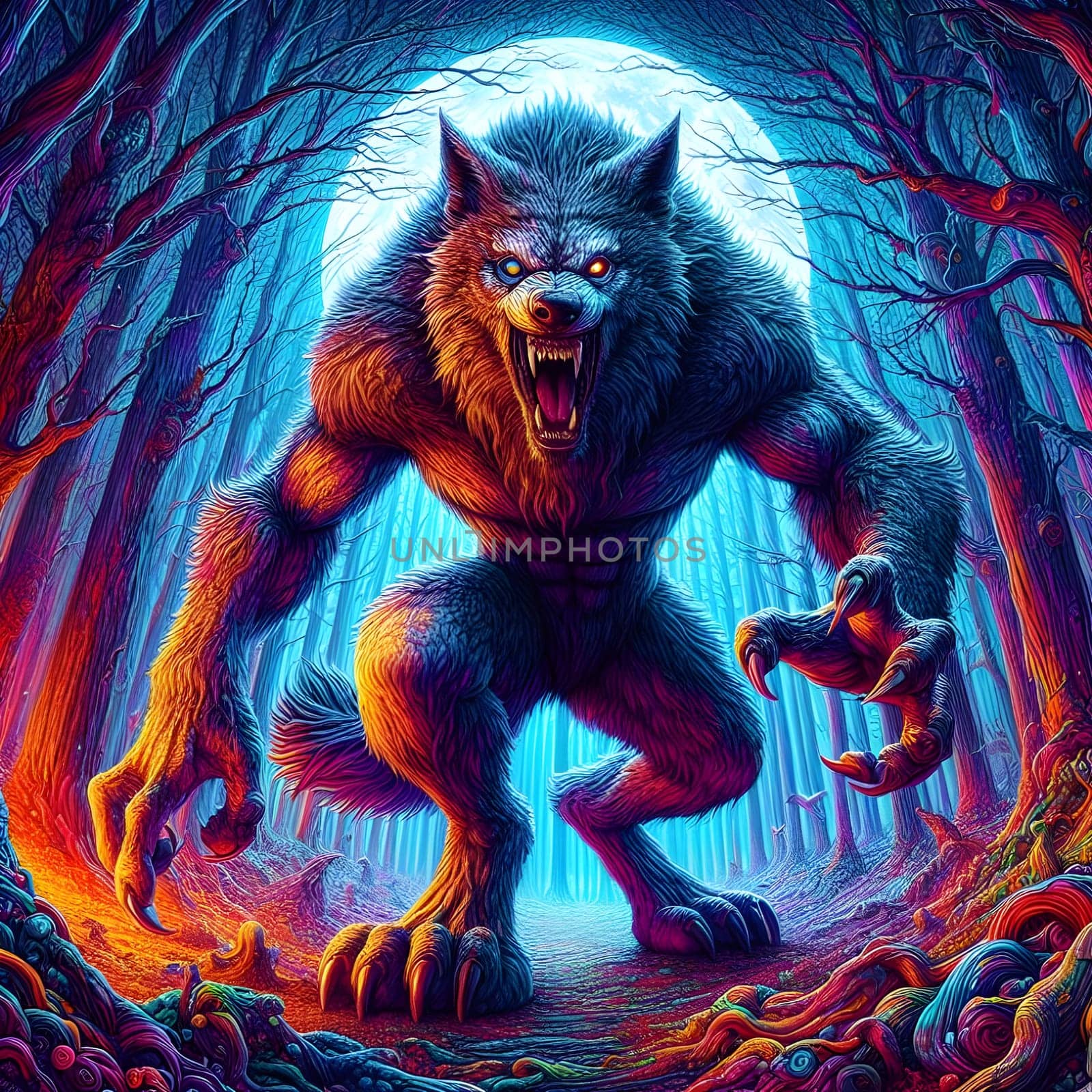 artificial intelligence generated image of a huge fierce werewolf is shown and running wild in the dark forest.