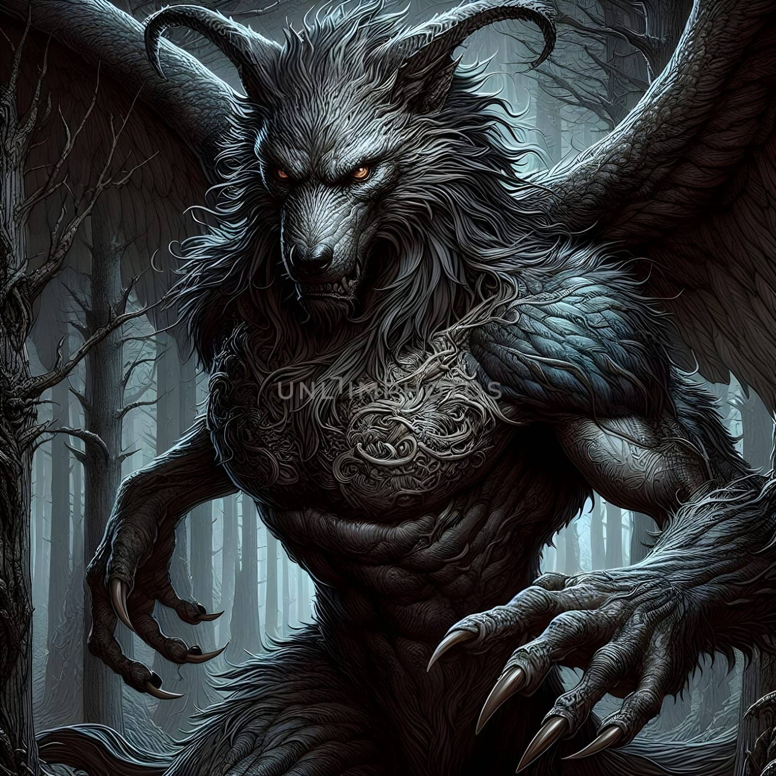 artificial intelligence generated image of a huge fierce werewolf is shown and running wild in the dark forest.