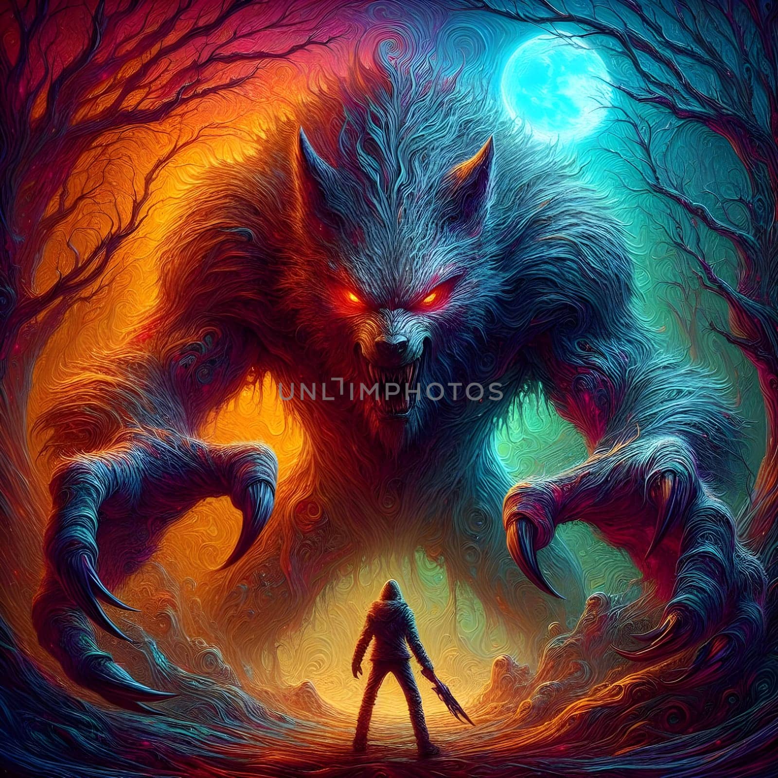 artificial intelligence generated image of a huge fierce werewolf is shown and running wild in the dark forest.
