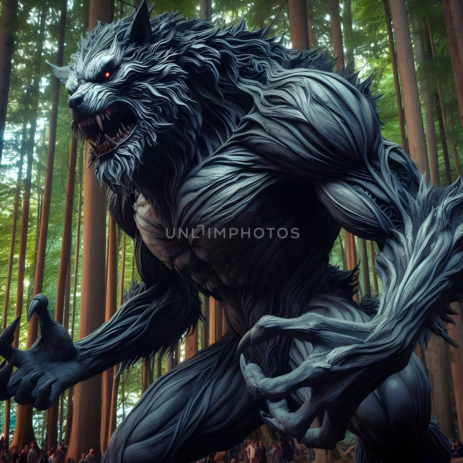 artificial intelligence generated image of a huge fierce werewolf is shown and running wild in the dark forest.