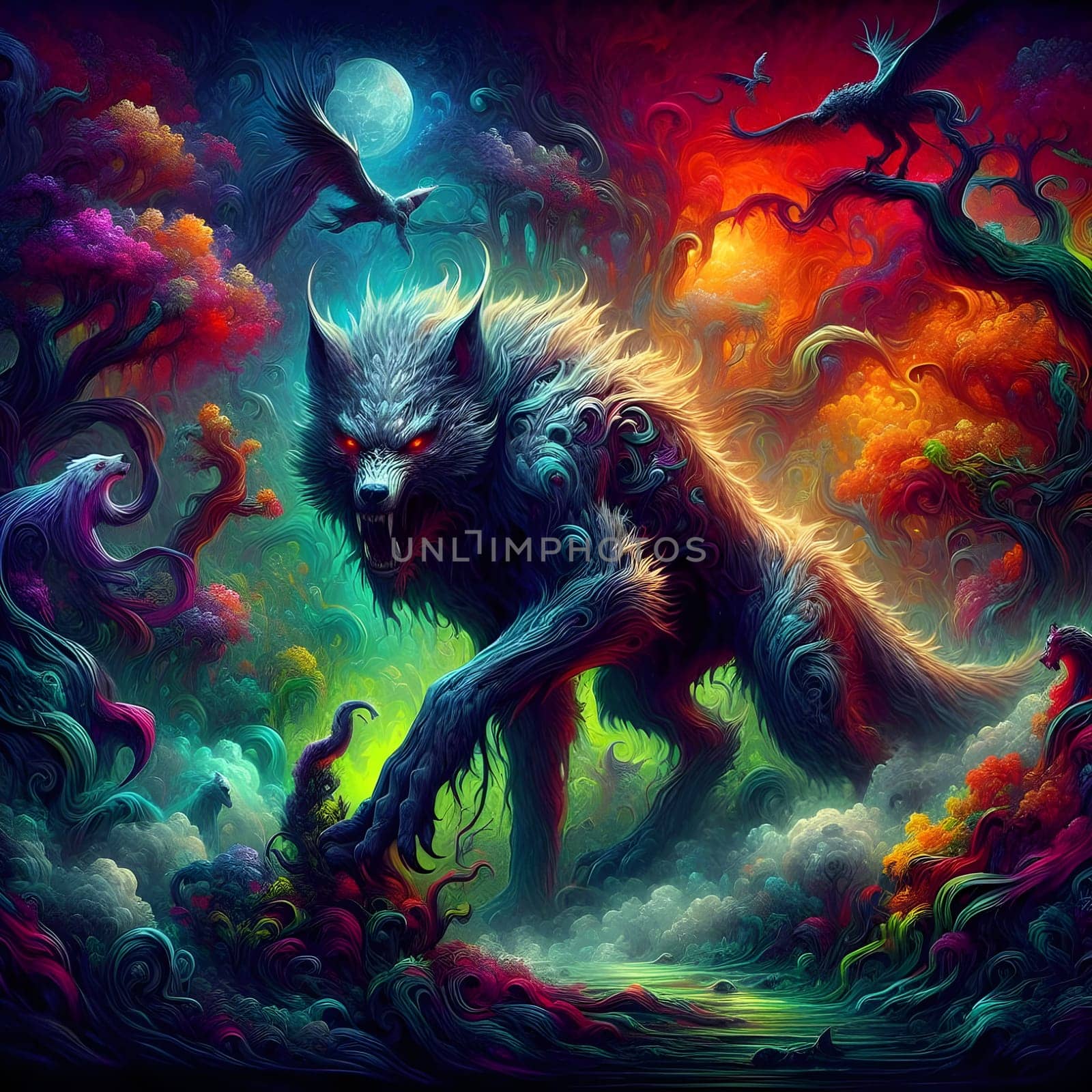artificial intelligence generated image of a huge fierce werewolf is shown and running wild in the dark forest.