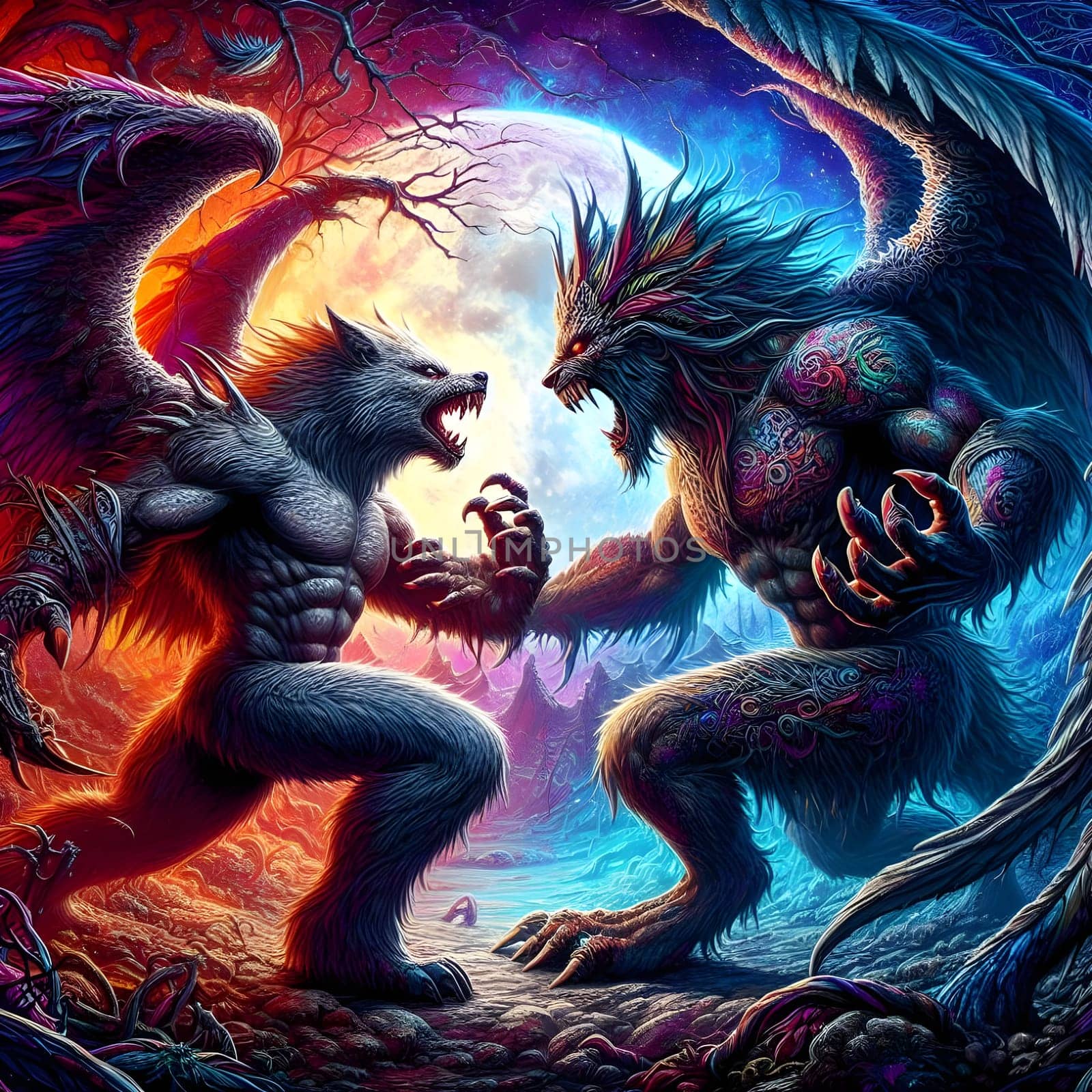 artificial intelligence generated image of a huge fierce werewolf is shown and running wild in the dark forest.