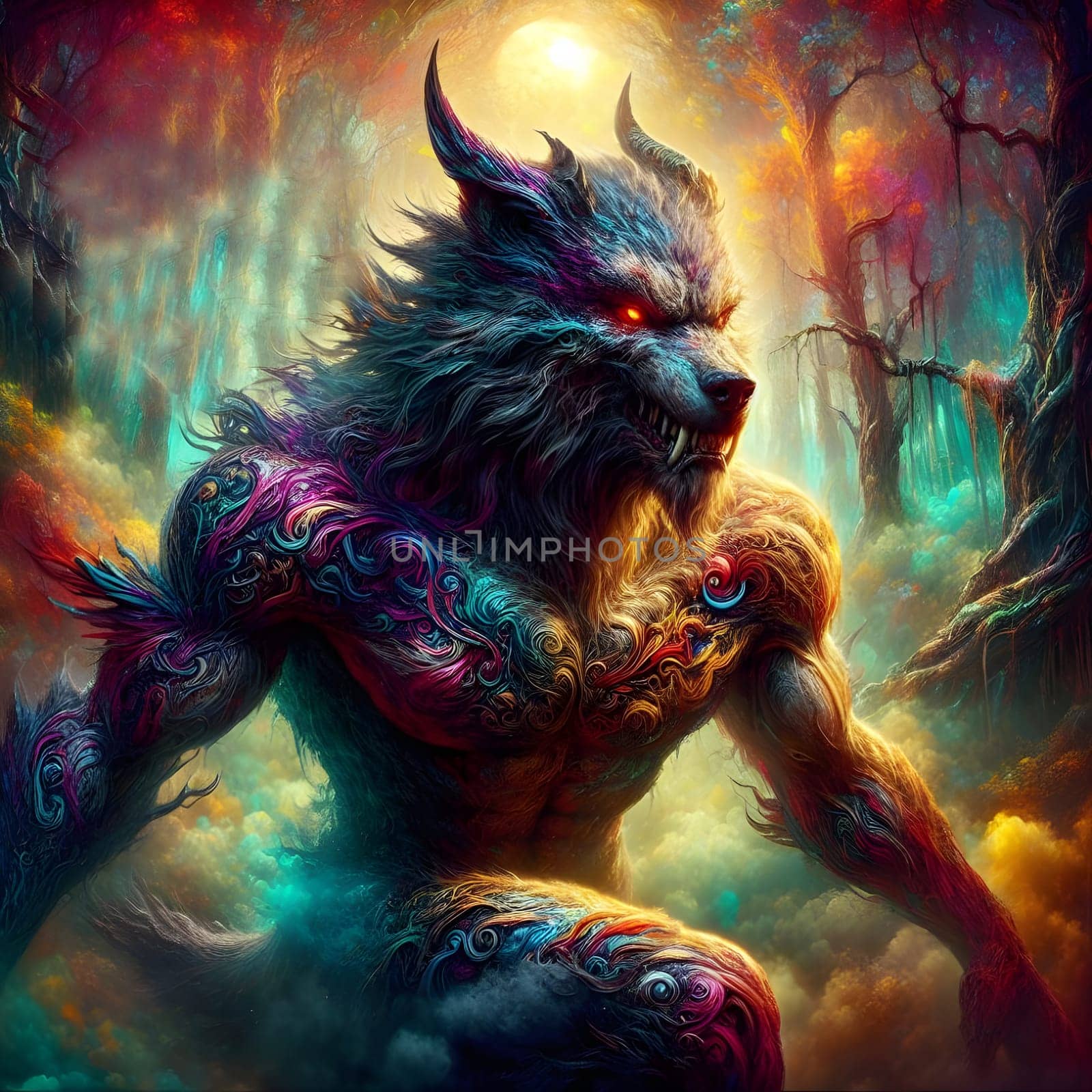 artificial intelligence generated image of a huge fierce werewolf is shown and running wild in the dark forest.
