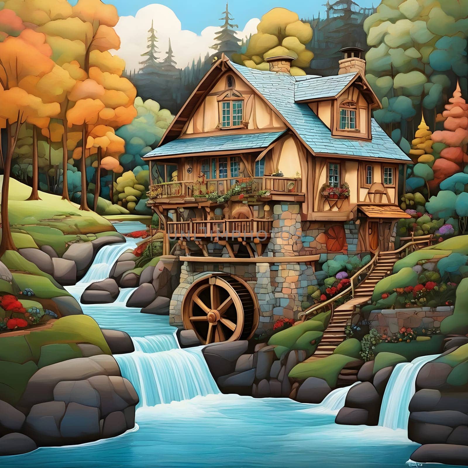 artificial intelligence generated image of karla gerard water wheel cottage by the streaming river surrounded by gorgeous forest art style.