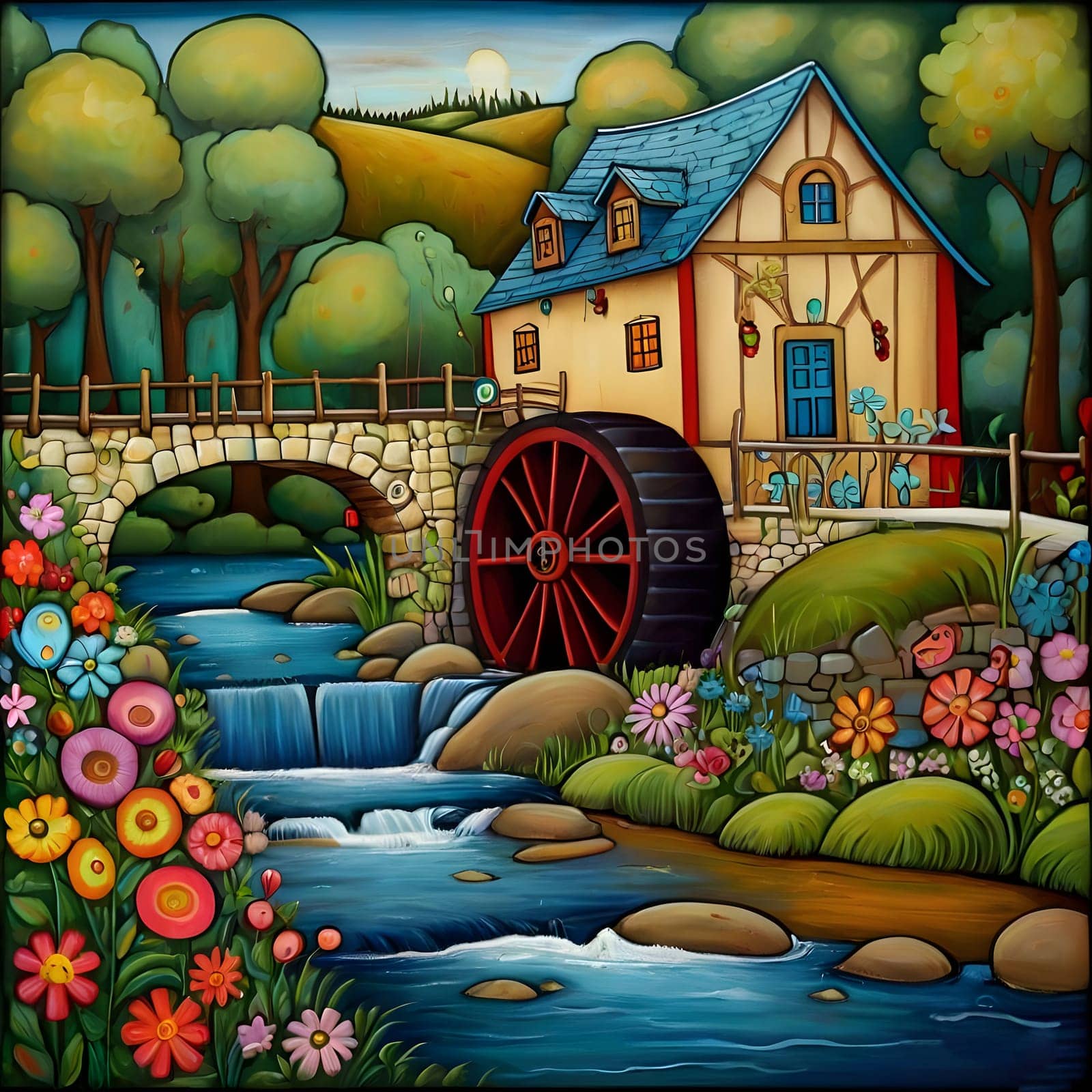 artificial intelligence generated image of karla gerard water wheel cottage by the streaming river surrounded by gorgeous forest art style.