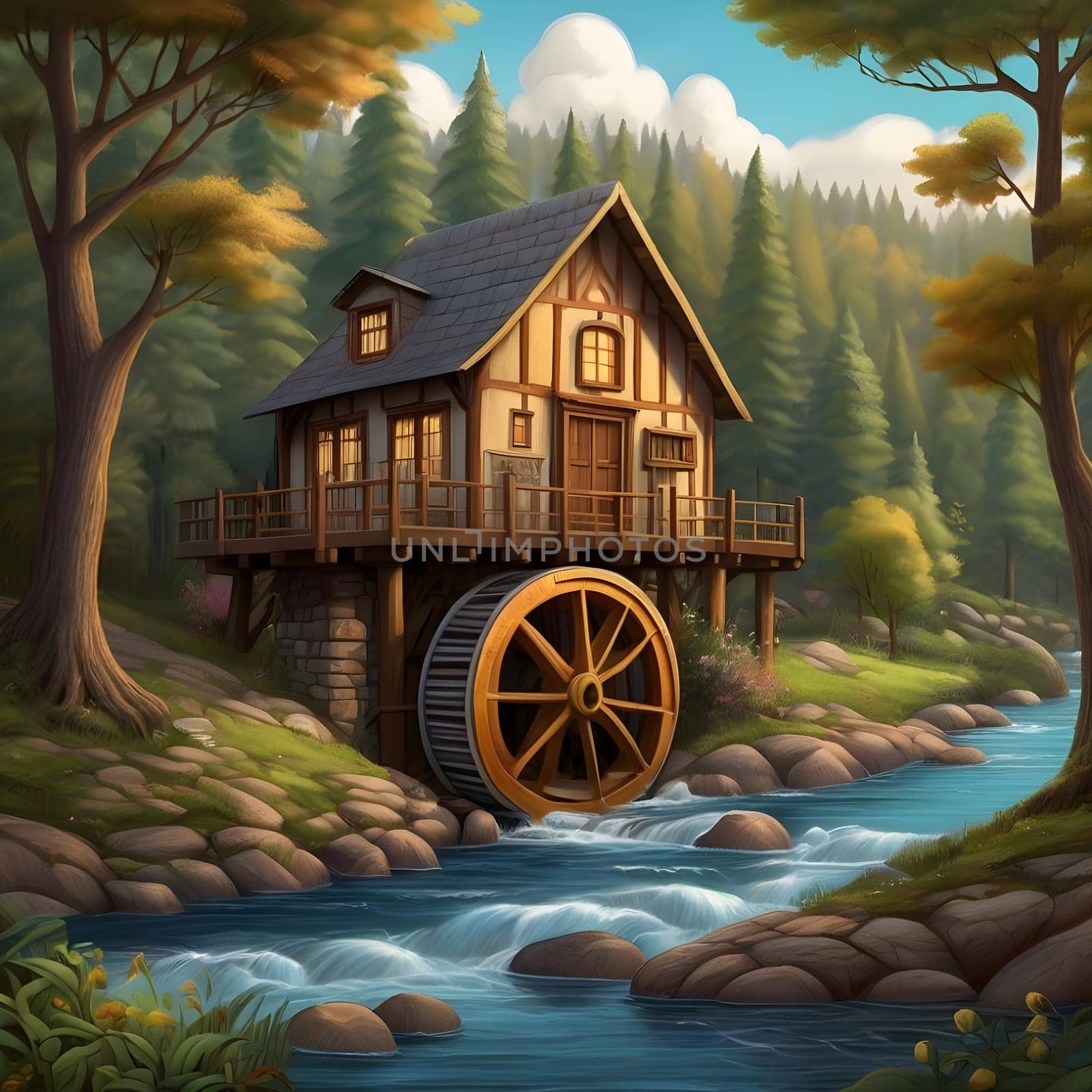 artificial intelligence generated image of karla gerard water wheel cottage by the streaming river surrounded by gorgeous forest art style.