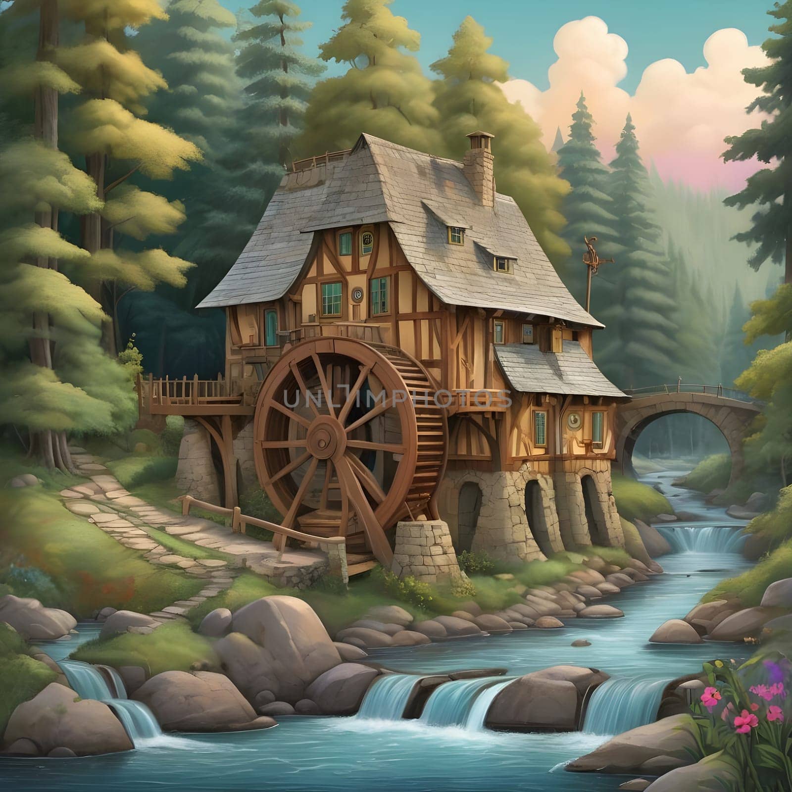 artificial intelligence generated image of karla gerard water wheel cottage by the streaming river surrounded by gorgeous forest art style.