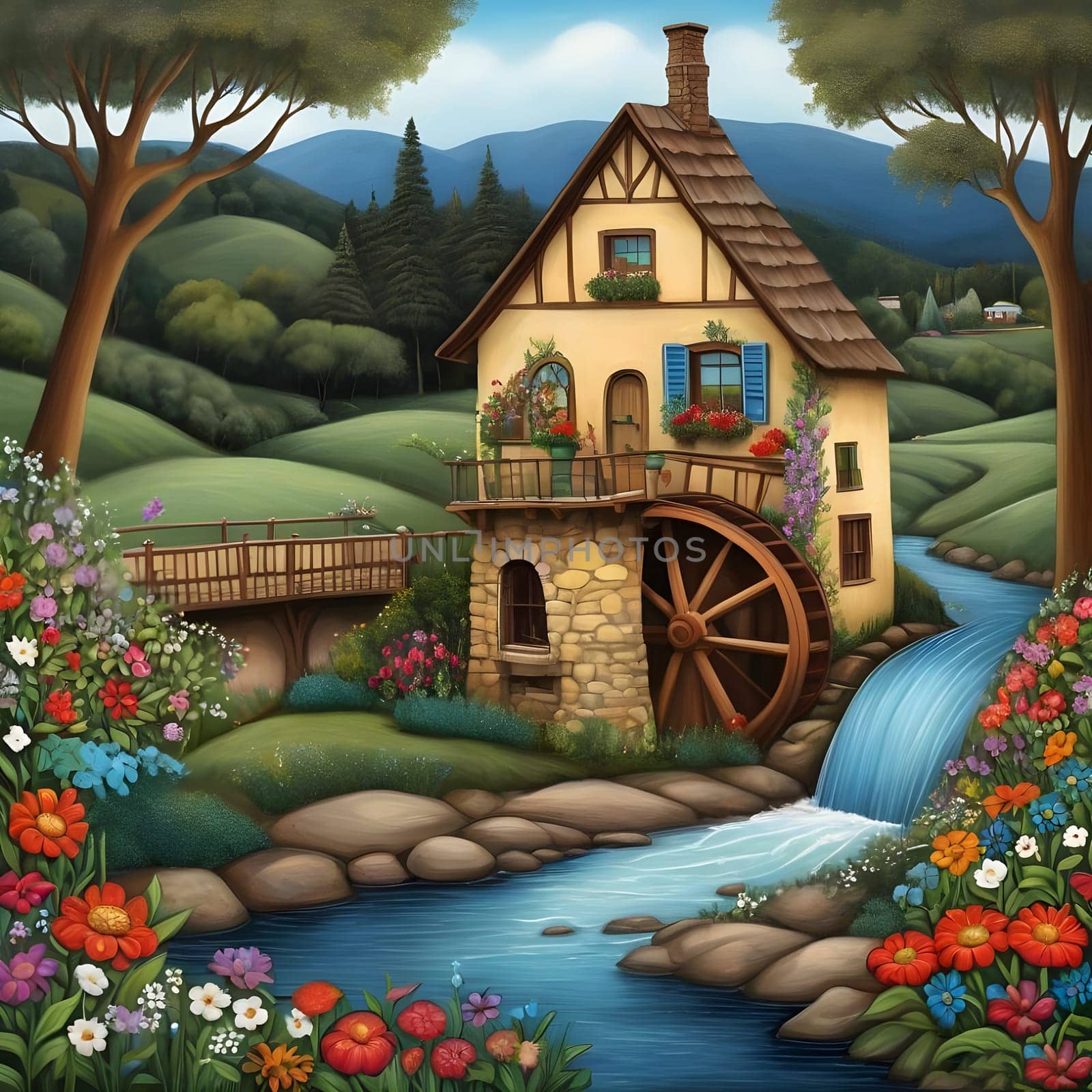 artificial intelligence generated image of karla gerard water wheel cottage by the streaming river surrounded by gorgeous forest art style.
