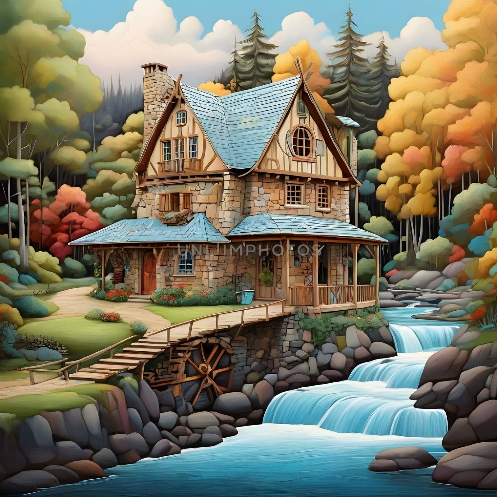 artificial intelligence generated image of karla gerard water wheel cottage by the streaming river surrounded by gorgeous forest art style.
