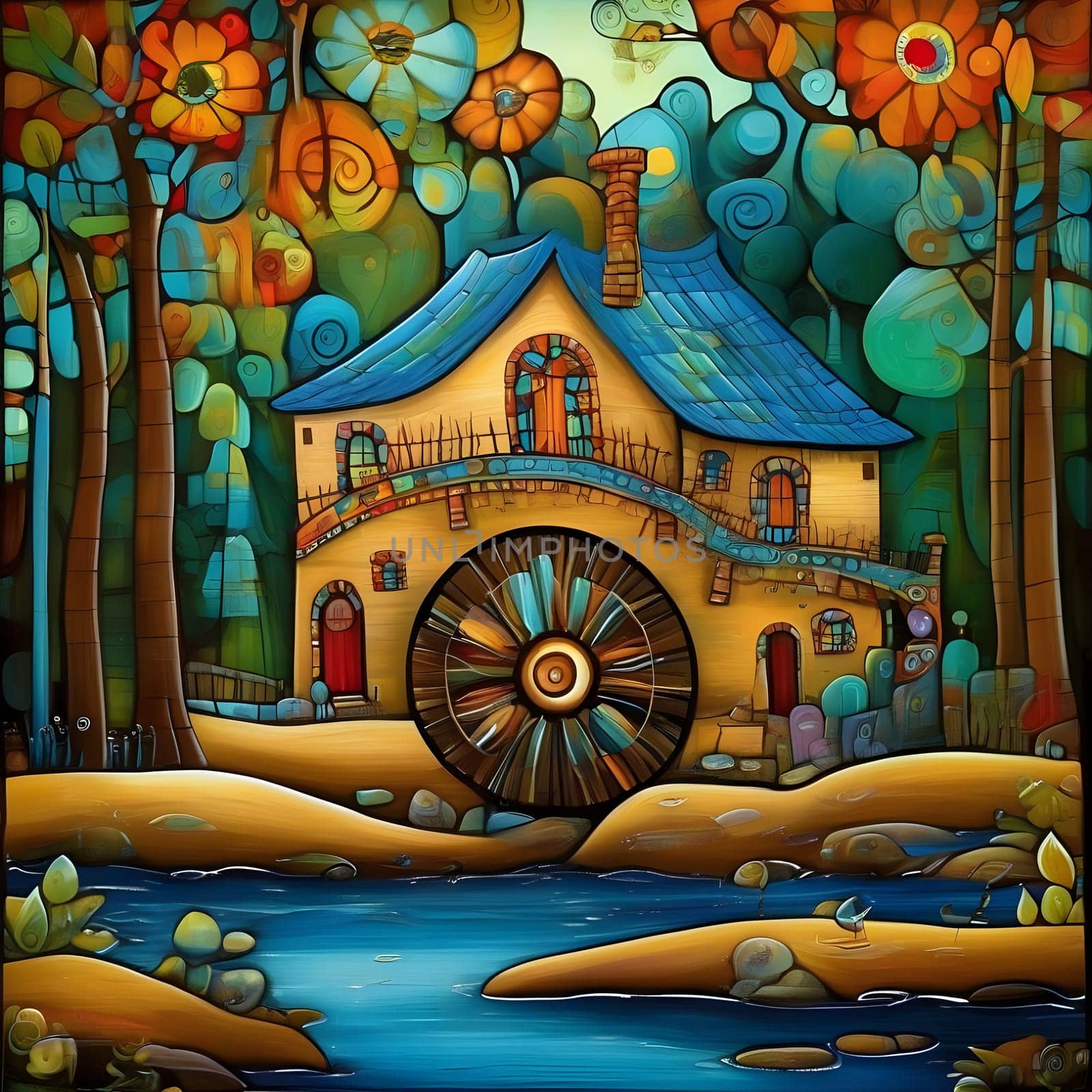 artificial intelligence generated image of karla gerard water wheel cottage by the streaming river surrounded by gorgeous forest art style.
