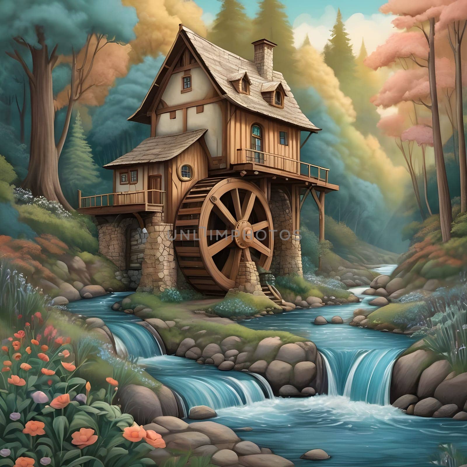 artificial intelligence generated image of karla gerard water wheel cottage by the streaming river surrounded by gorgeous forest art style.