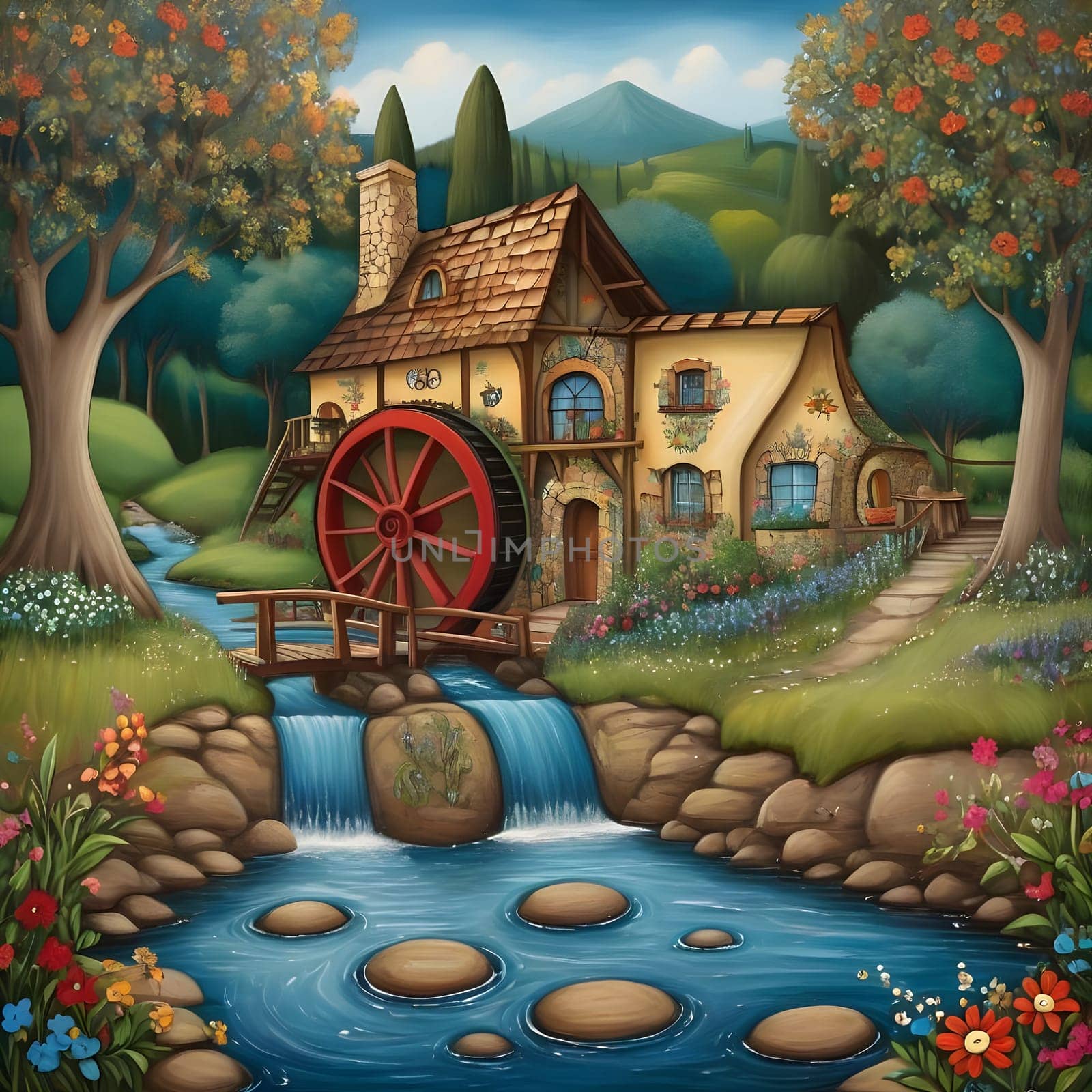 artificial intelligence generated image of karla gerard water wheel cottage by the streaming river surrounded by gorgeous forest art style.
