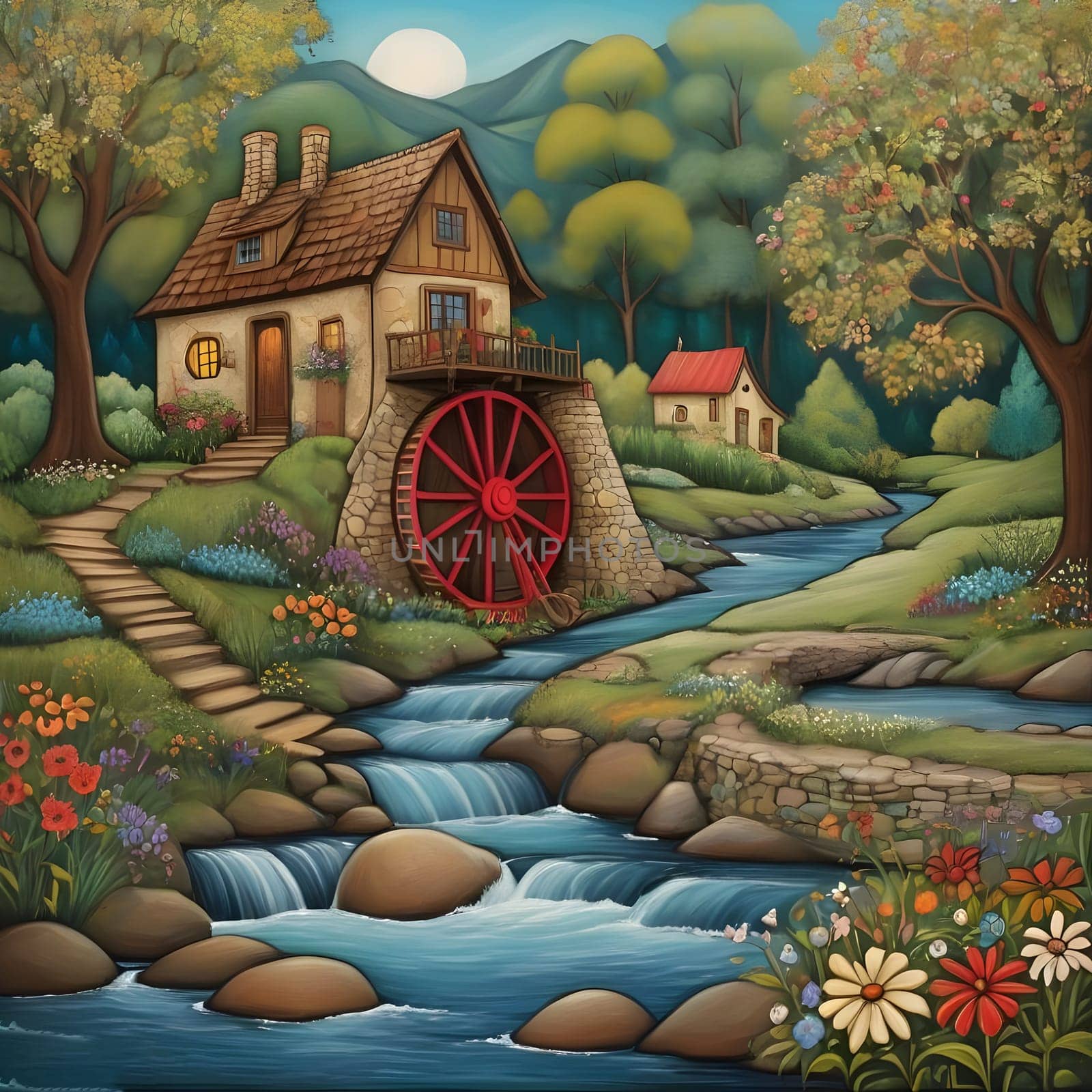 artificial intelligence generated image of karla gerard water wheel cottage by the streaming river surrounded by gorgeous forest art style.