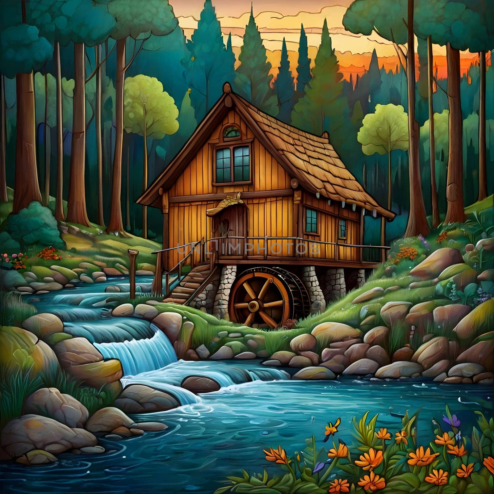 artificial intelligence generated image of karla gerard water wheel cottage by the streaming river surrounded by gorgeous forest art style.