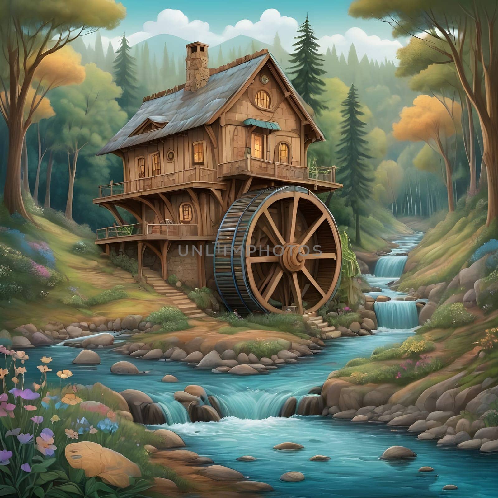 artificial intelligence generated image of karla gerard water wheel cottage by the streaming river surrounded by gorgeous forest art style.