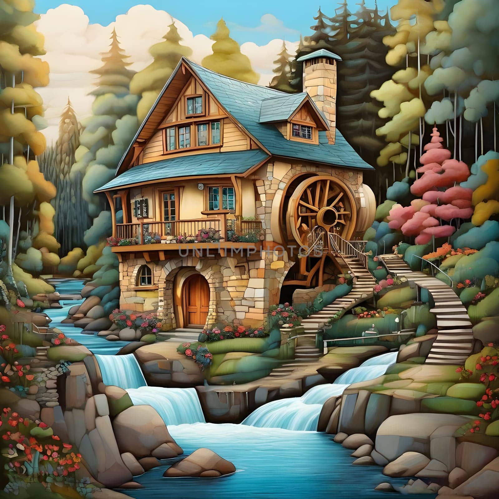 artificial intelligence generated image of karla gerard water wheel cottage by the streaming river surrounded by gorgeous forest art style.