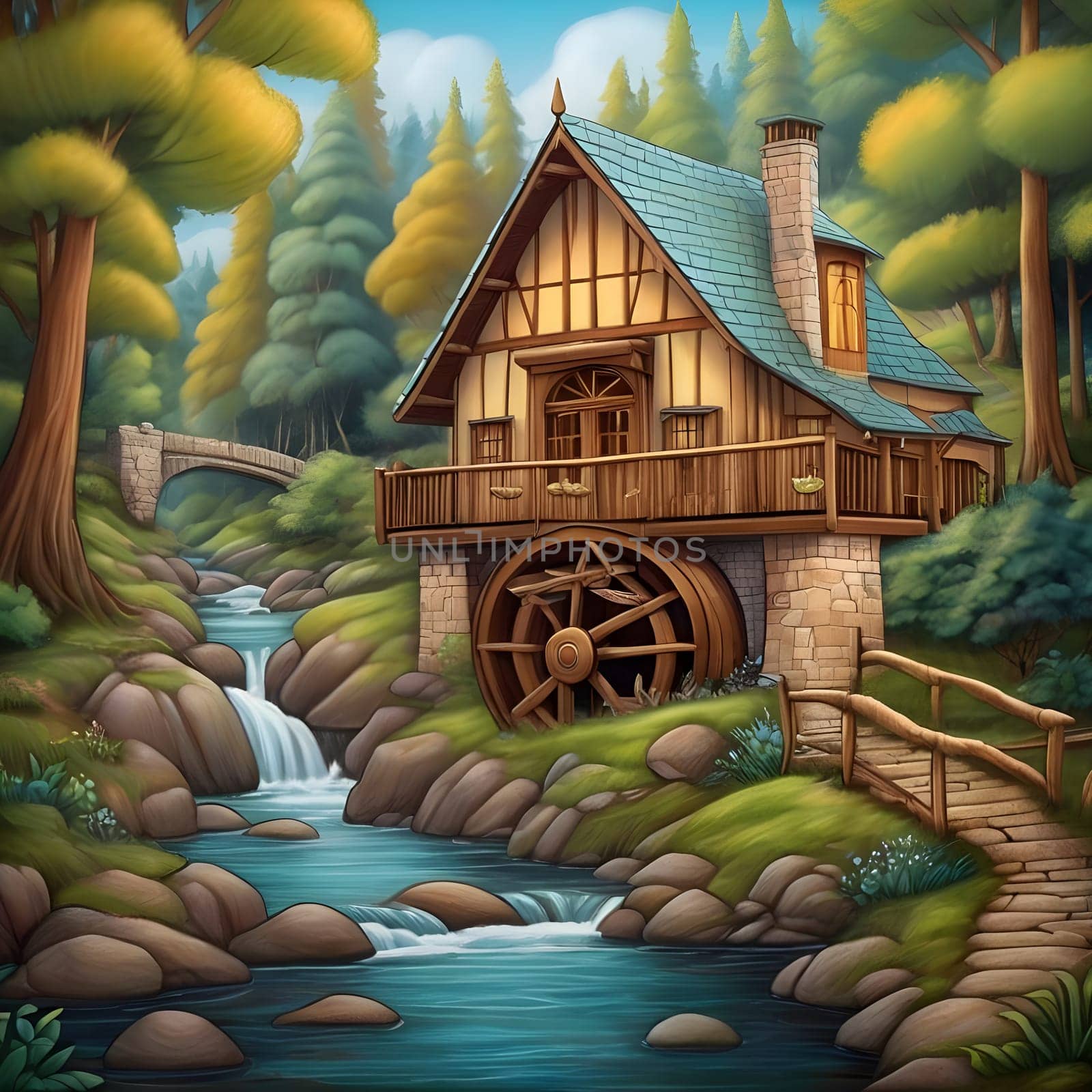 artificial intelligence generated image of karla gerard water wheel cottage by the streaming river surrounded by gorgeous forest art style.