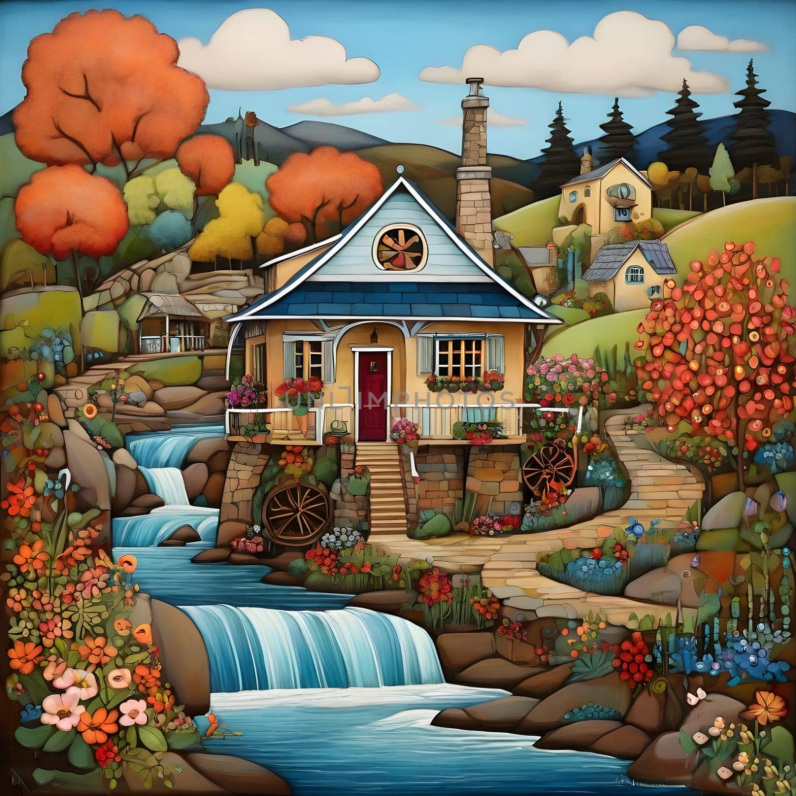 artificial intelligence generated image of karla gerard water wheel cottage by the streaming river surrounded by gorgeous forest art style.