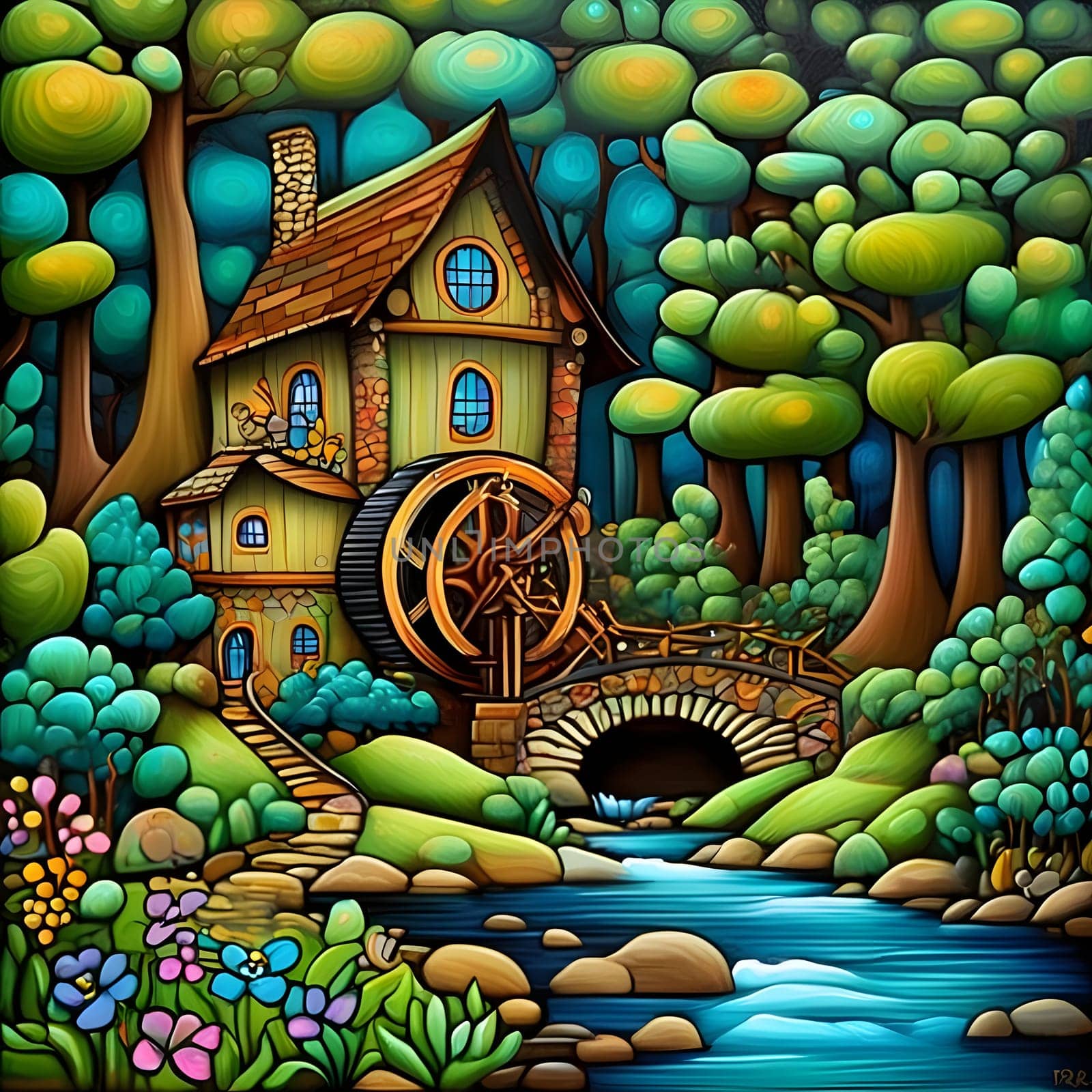 artificial intelligence generated image of karla gerard water wheel cottage by the streaming river surrounded by gorgeous forest art style.
