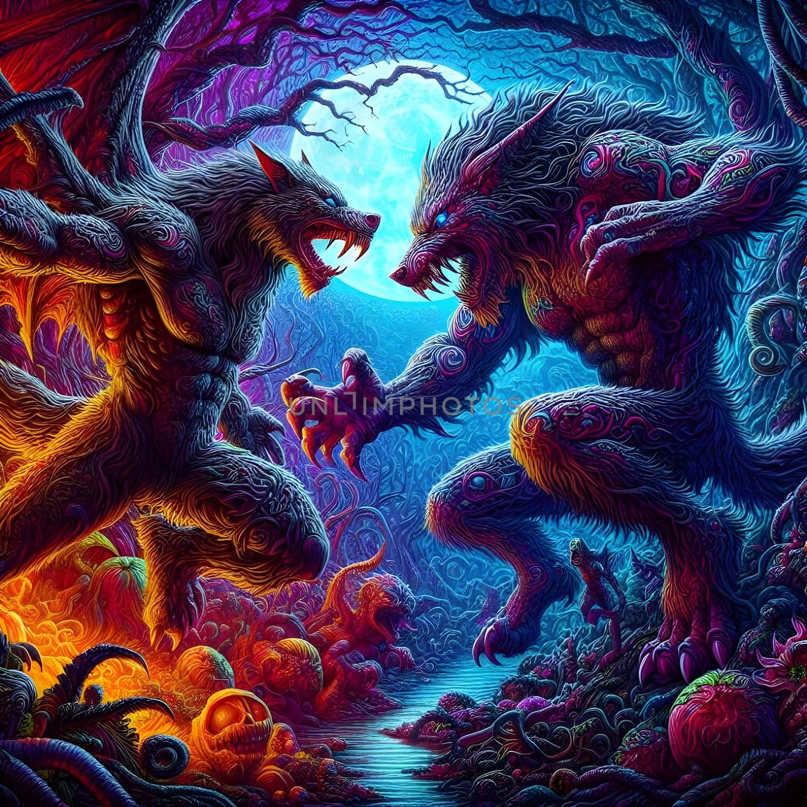 artificial intelligence generated image of a huge fierce werewolf is shown and running wild in the dark forest.