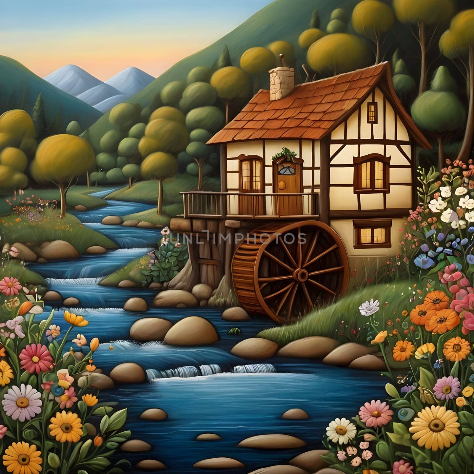 artificial intelligence generated image of karla gerard water wheel cottage by the streaming river surrounded by gorgeous forest art style.