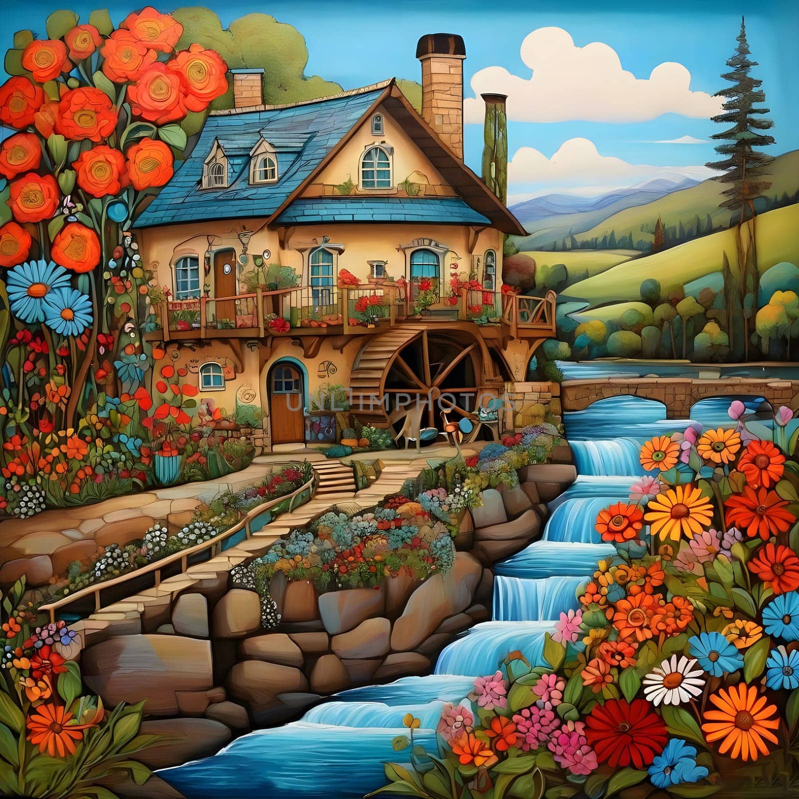 artificial intelligence generated image of karla gerard water wheel cottage by the streaming river surrounded by gorgeous forest art style.