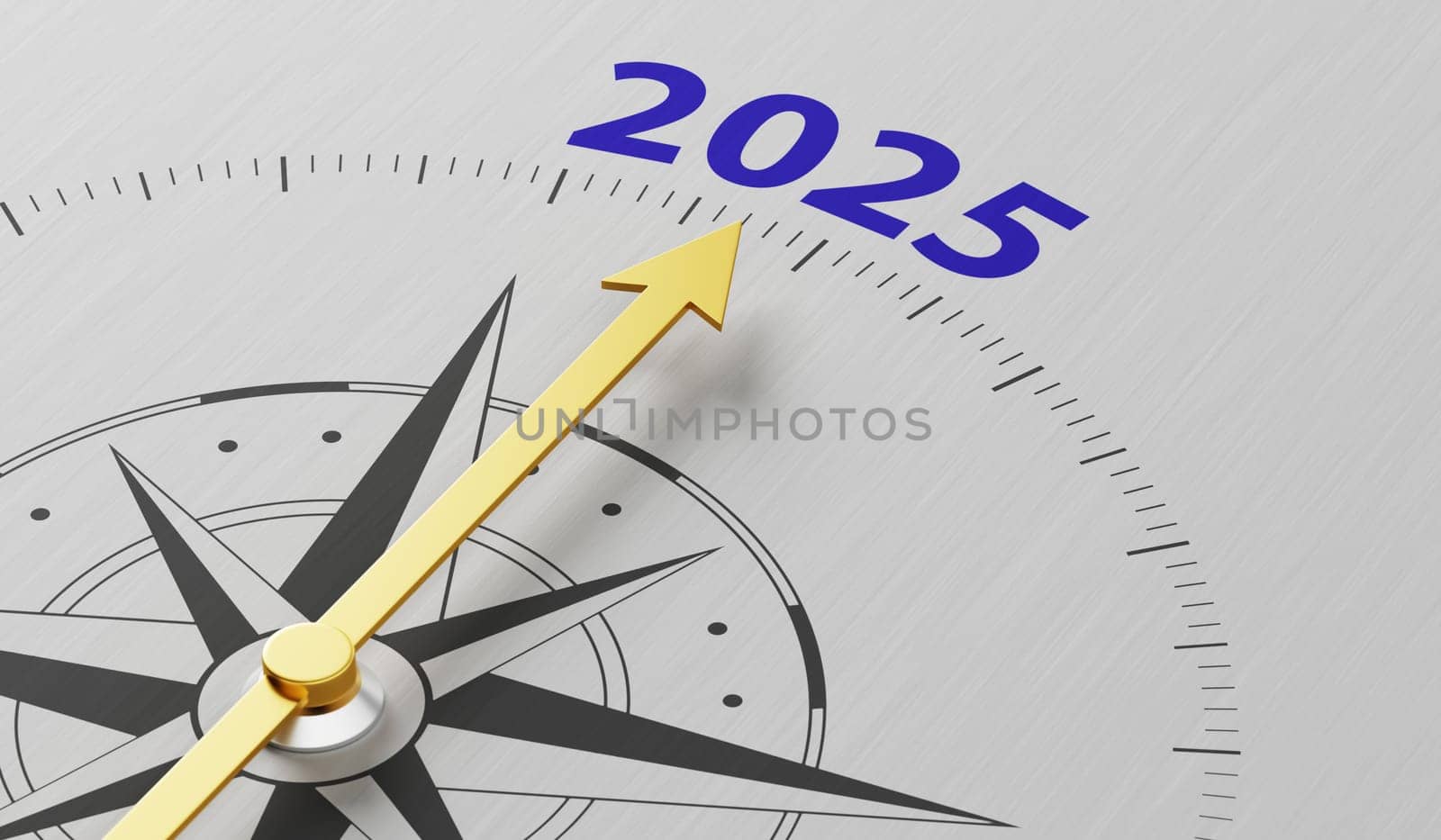 Compass needle pointing to the text 2025 - 3d render