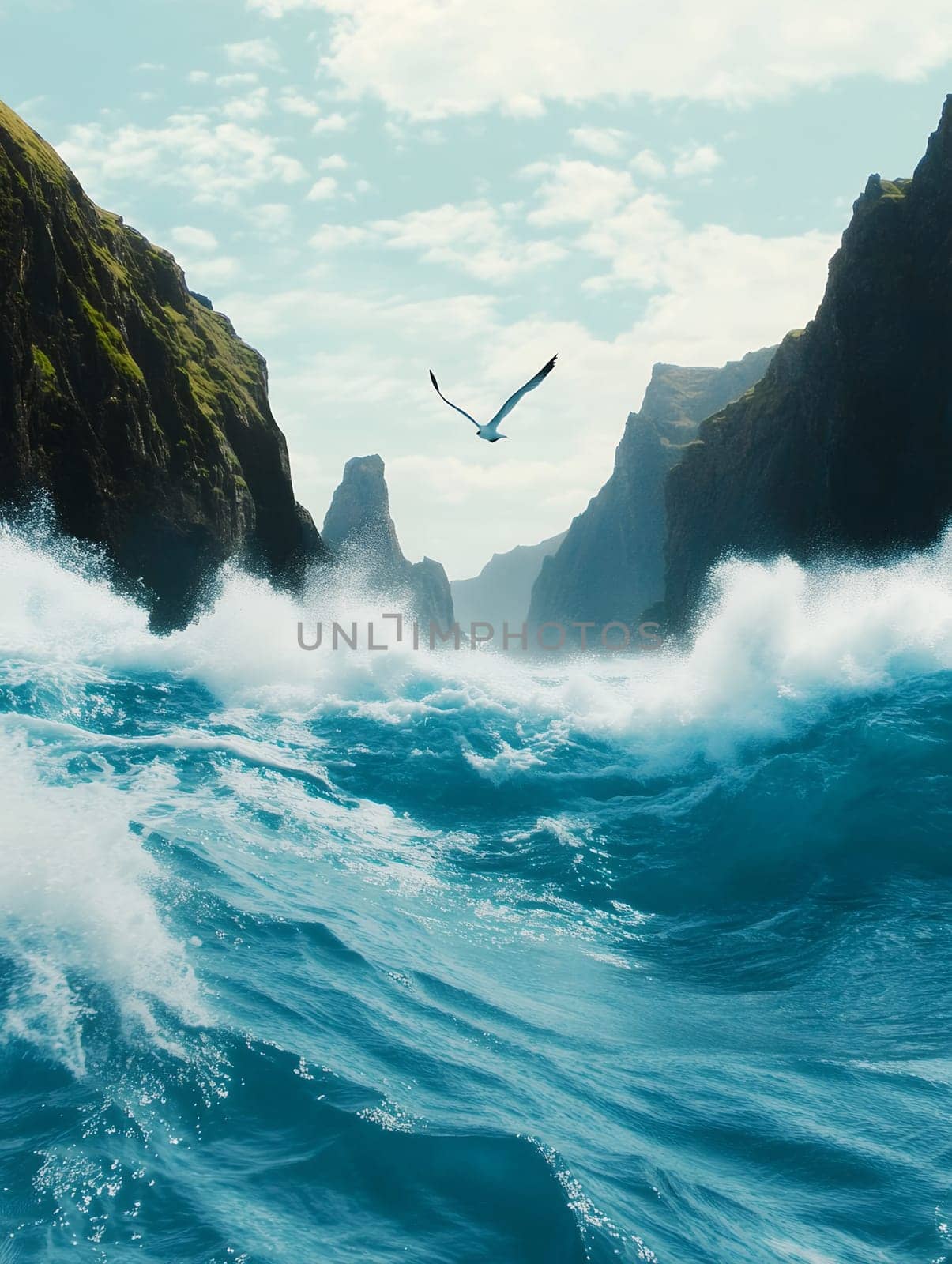Majestic seabird soaring between rocky cliffs over turbulent ocean waves, dramatic seascape with crashing surf and misty atmosphere.