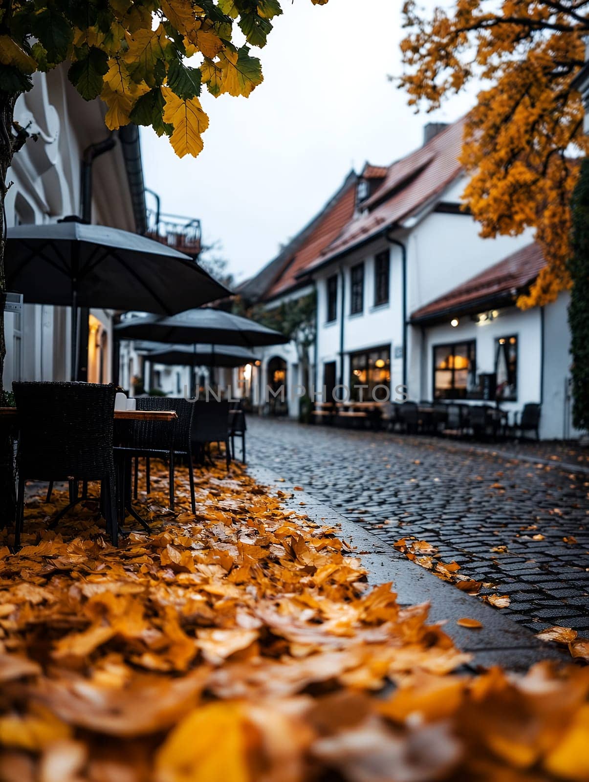 Cozy European cafe street with fallen autumn leaves, cobblestones, and white buildings with warm glowing windows at dusk, outdoor seating area.