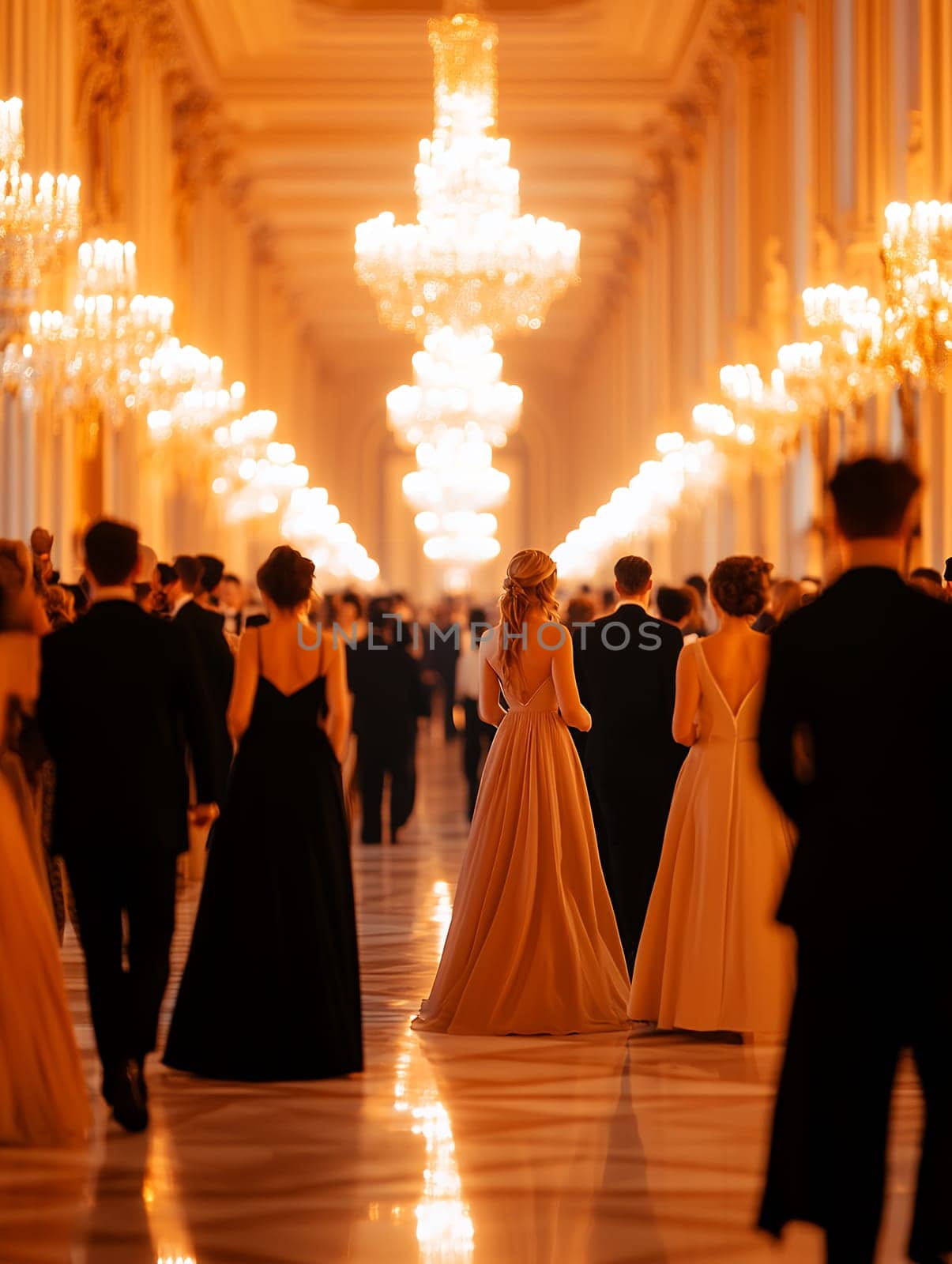 Guests in formal attire gather in an opulent ballroom illuminated by crystal chandeliers, creating a luxurious atmosphere of celebration and grandeur.