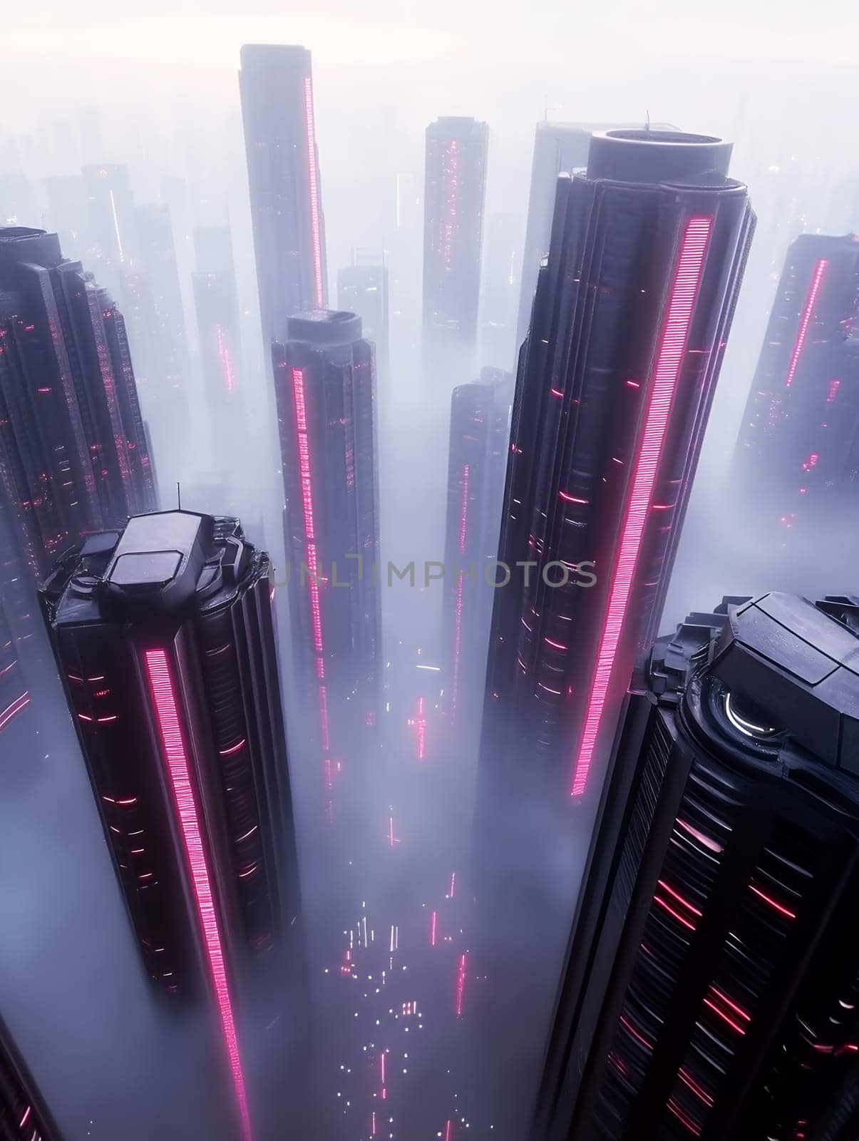 Towering skyscrapers with neon red lights piercing through thick fog, creating a dramatic cyberpunk atmosphere in a futuristic megalopolis.