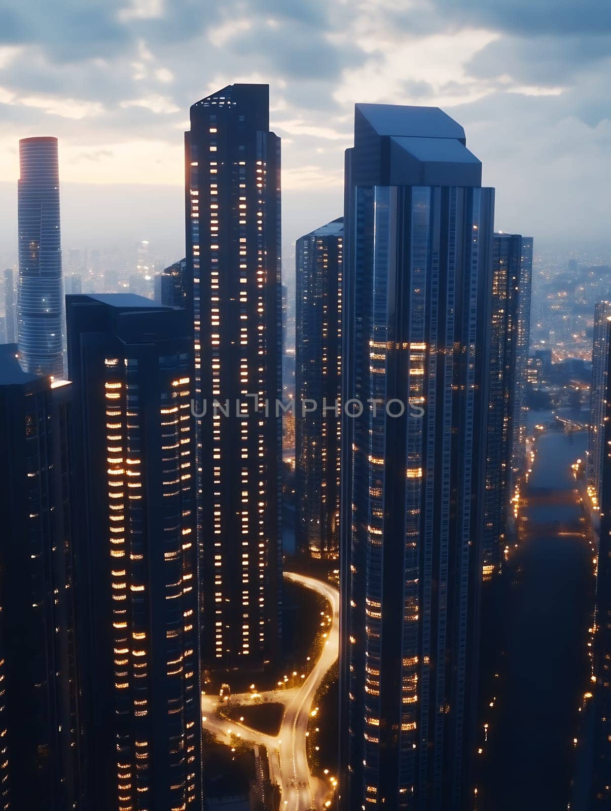 Illuminated skyscrapers against twilight sky, urban cityscape with glowing windows and winding road below creating dramatic nighttime atmosphere.