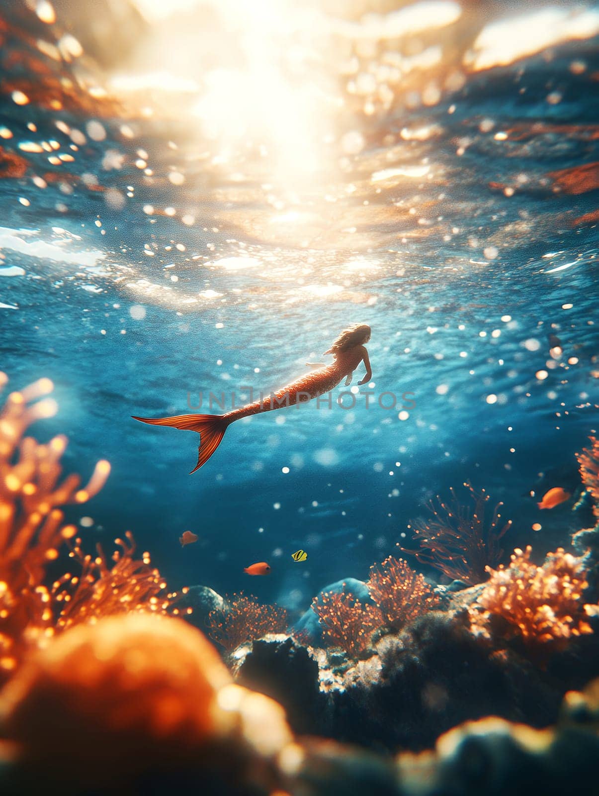 Enchanting underwater scene with mermaid swimming above coral reef, sunlight filtering through turquoise water creating magical atmosphere.