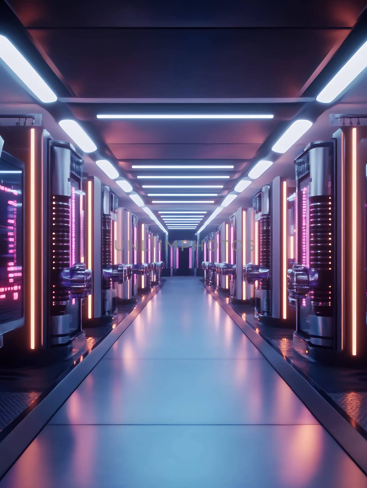 Modern data center corridor with neon lights and server racks, cyberpunk style interior with glowing purple and blue illumination.