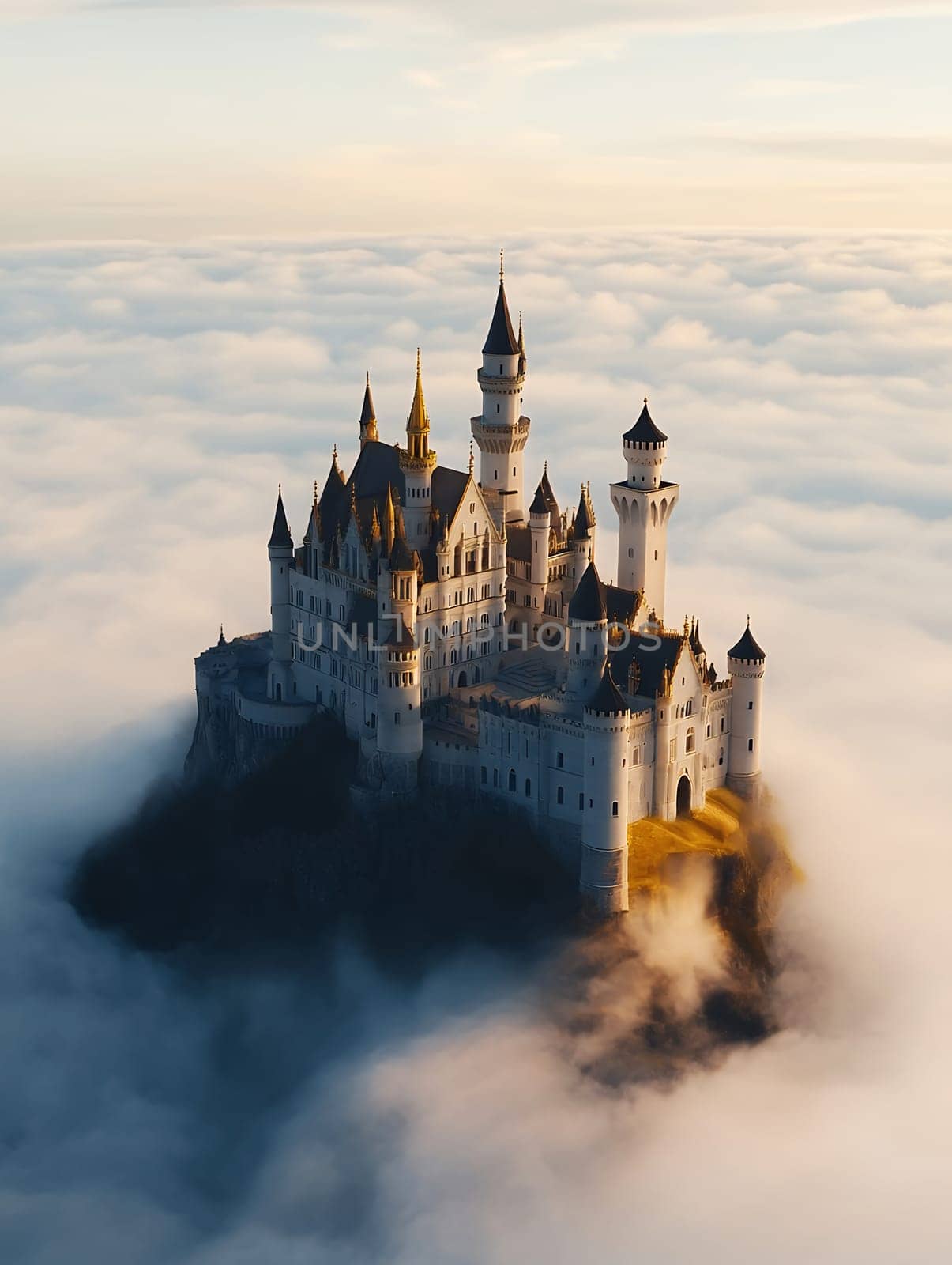 Majestic medieval castle perched on a mountain peak above clouds at sunrise, embodying fantasy and fairytale romance.