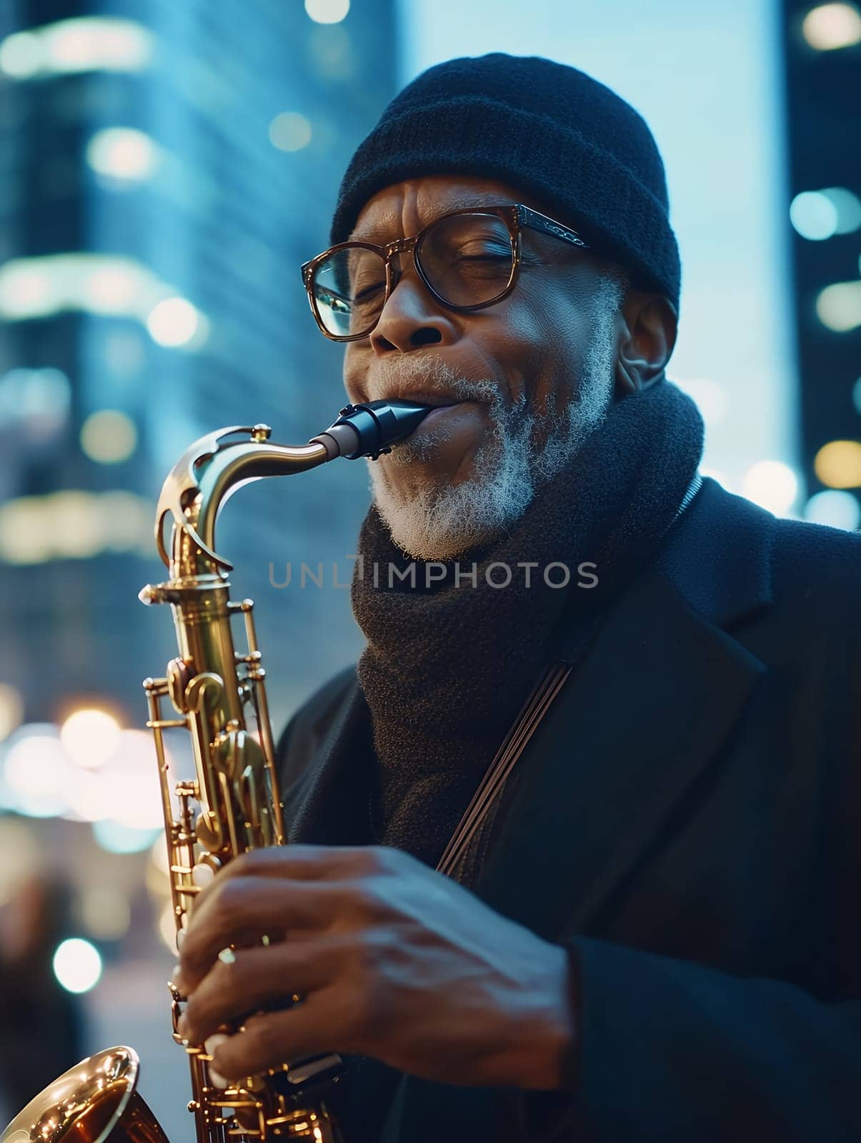 Senior jazz musician playing saxophone in winter attire against urban backdrop with bokeh lights, expressing deep emotion through music.