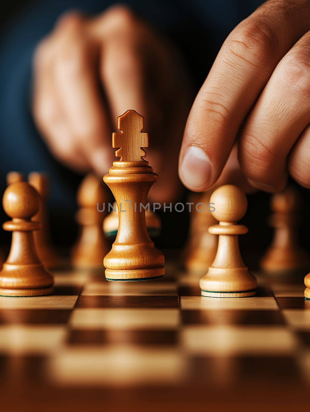 Wooden chess pieces on classic board with focus on king piece, symbolizing strategy and leadership in gameplay.